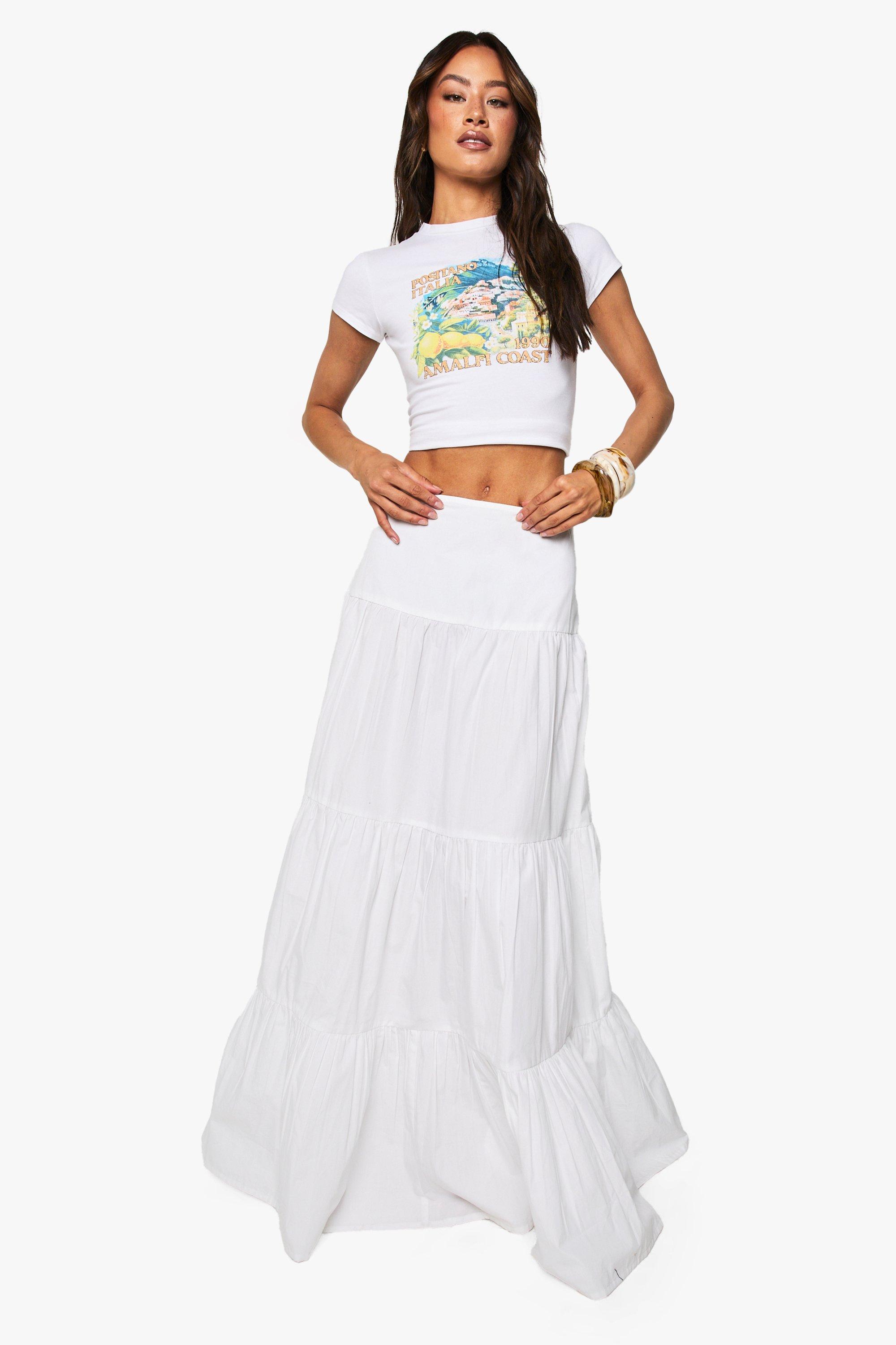Boohoo Tall Katoenen Poplin Maxi Rok Met Laagjes, White