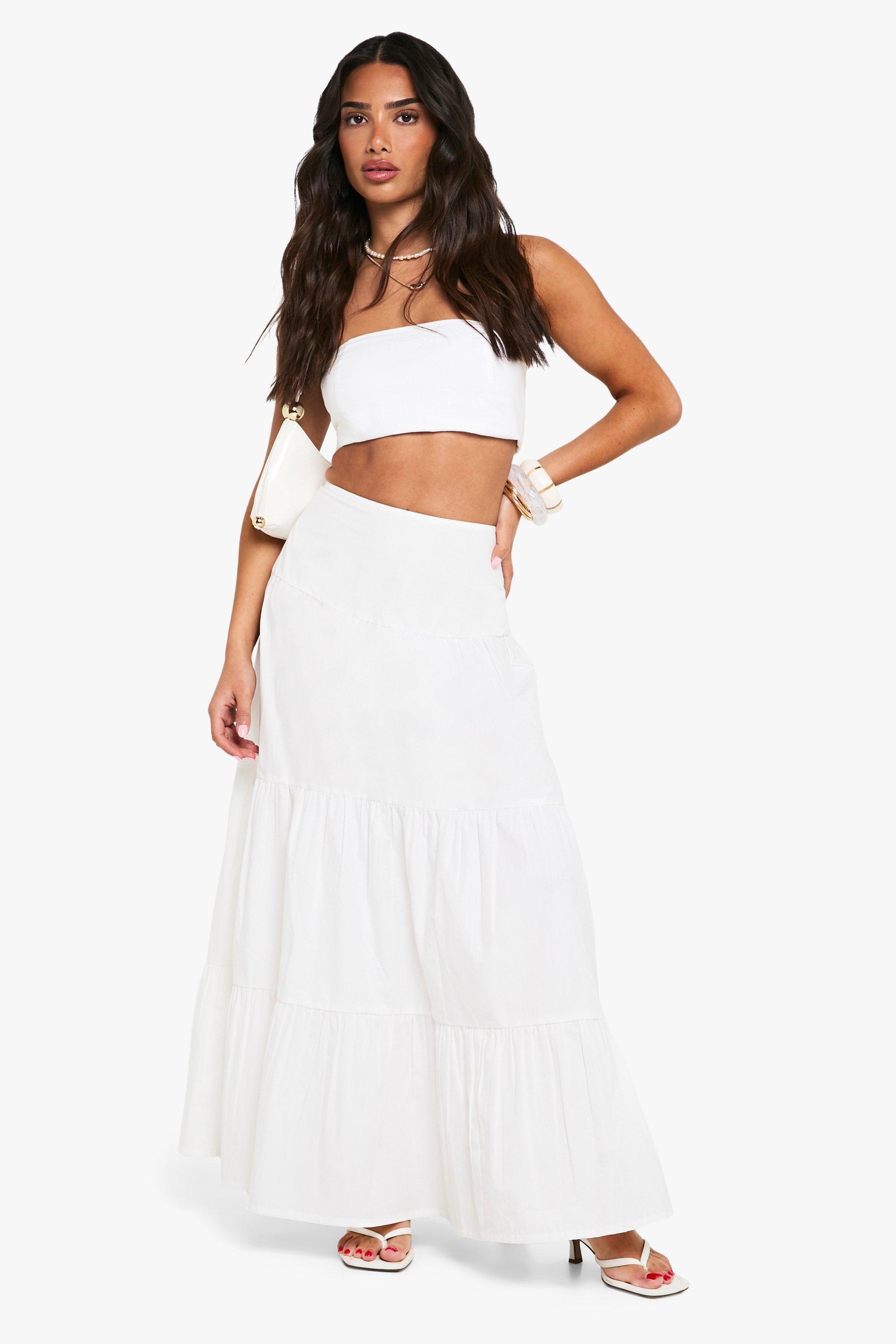 Boohoo Petite Katoenen Poplin Maxi Rok Met Laagjes, White