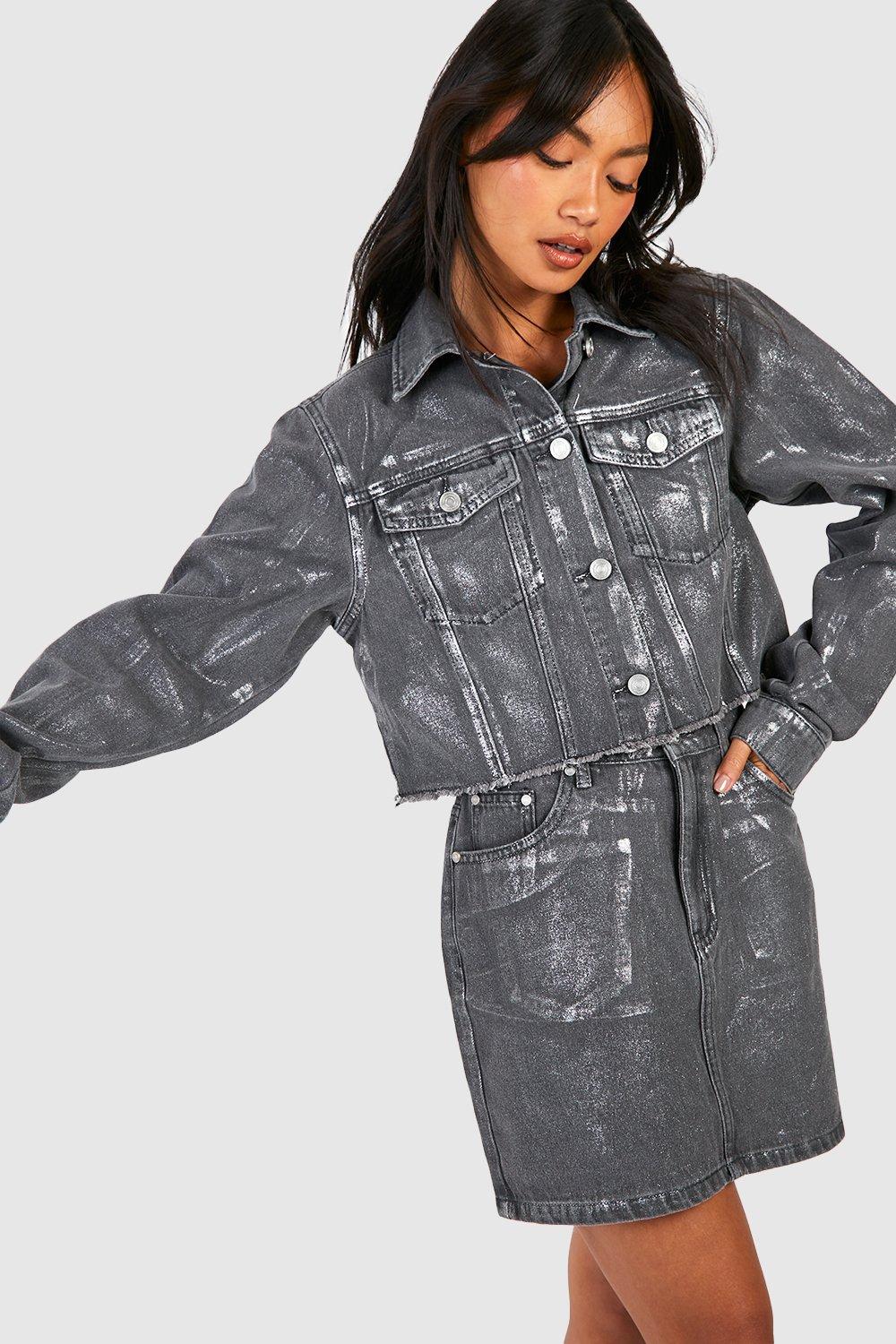 Boohoo Metallic Mini Spijkerrokje Met Coating, Charcoal