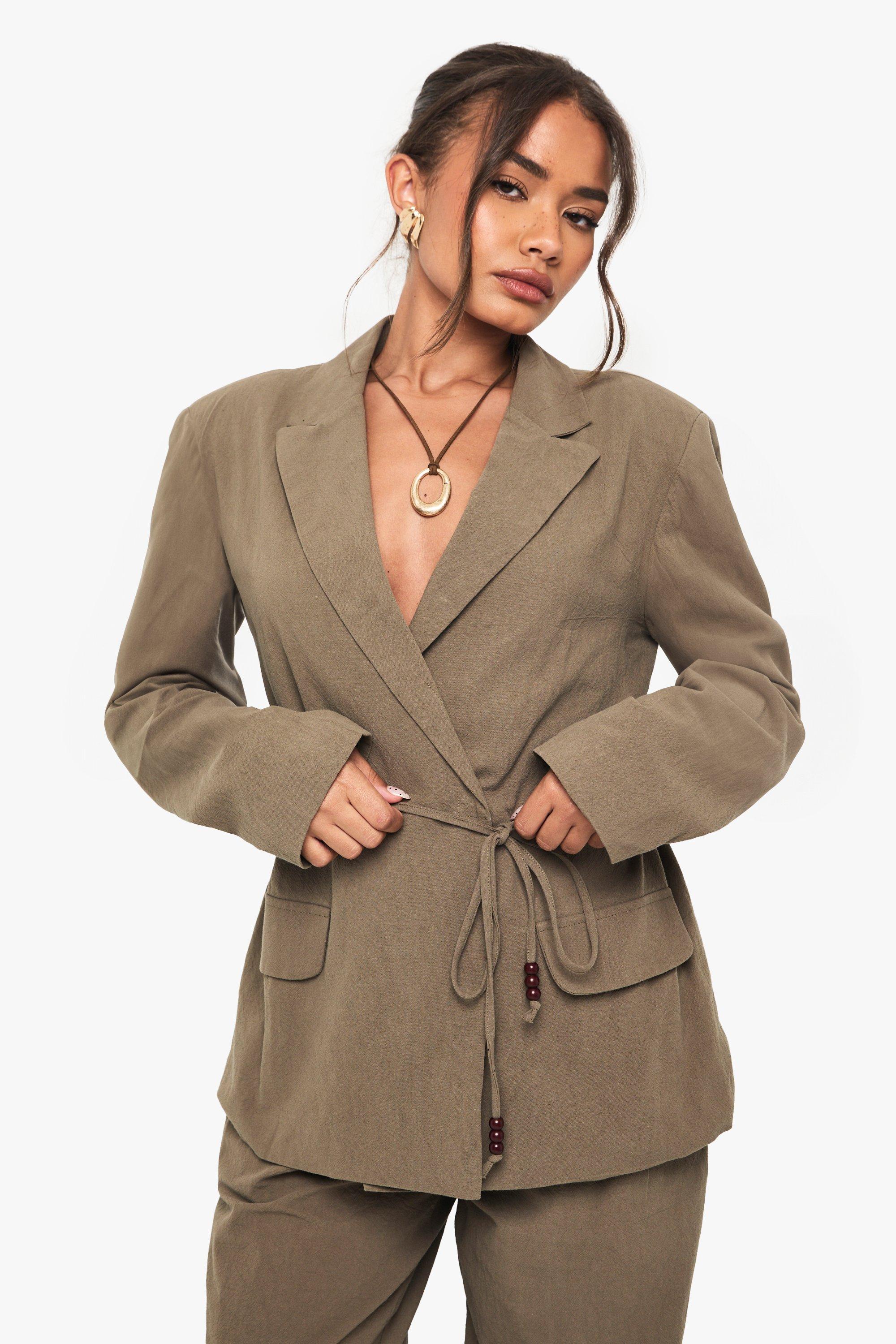 Boohoo Linnen Wikkel Blazer Met Kraaltjes En Strik, Khaki