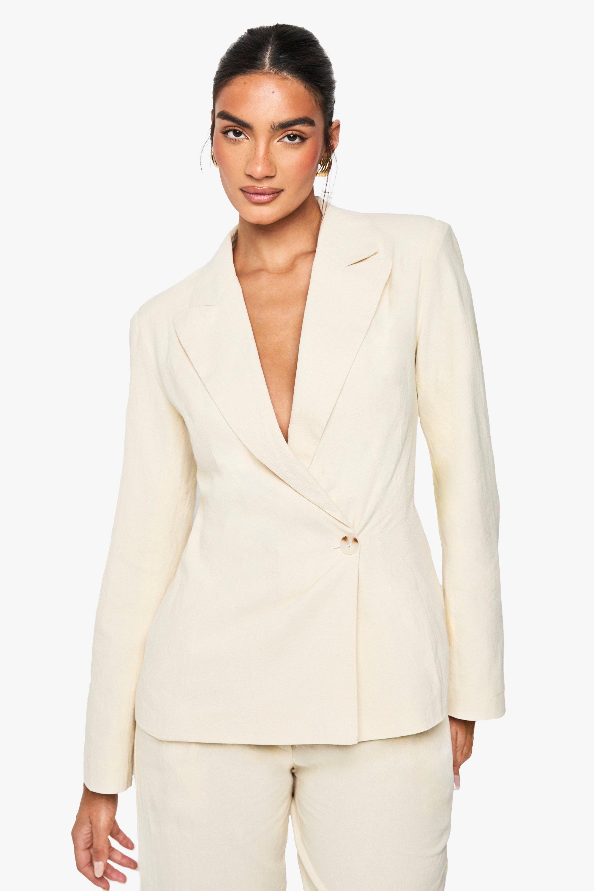 Boohoo Getailleerde Linnen Wikkel Blazer, Ecru