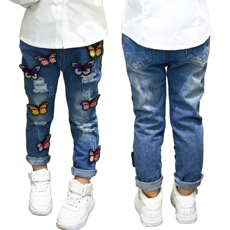 Sunshine kids clothing Baby Meisjes Vlinder Borduren Jeans Broek Denim Broek Kinderen Casual Jeans Legging Broek 7 blauw