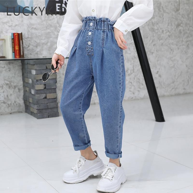 Youth Charm Blauwe jeans voor meisjes ruches elastische taille jeans meisjes lente herfst hoge taille broek kind casual stijl kinderkleding 4T blauw