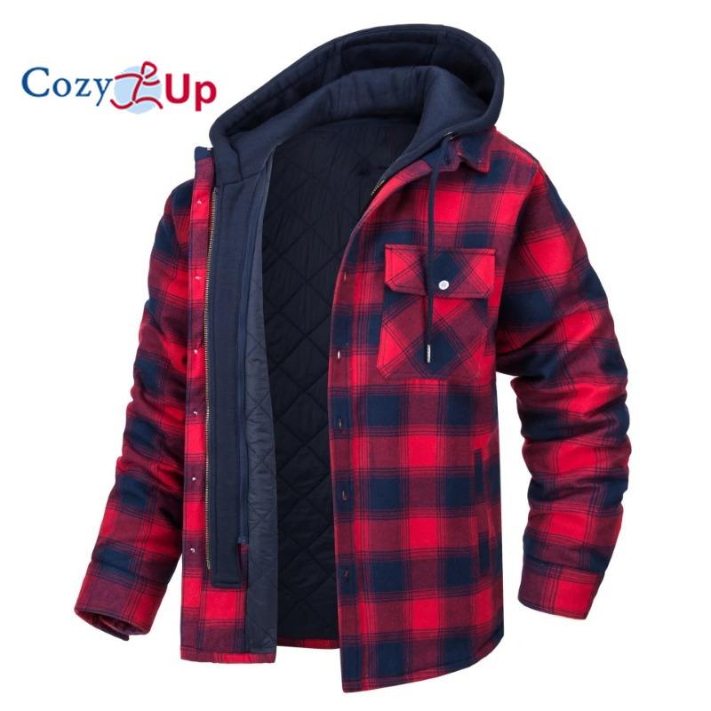 Cozy  Up Cozy Up Heren Katoenen Plaid Lange Mouw Overhemden Jas Fleece Gevoerde Flanellen Overhemden Sherpa Knoopjas met Capuchon S marineblauwe kleur