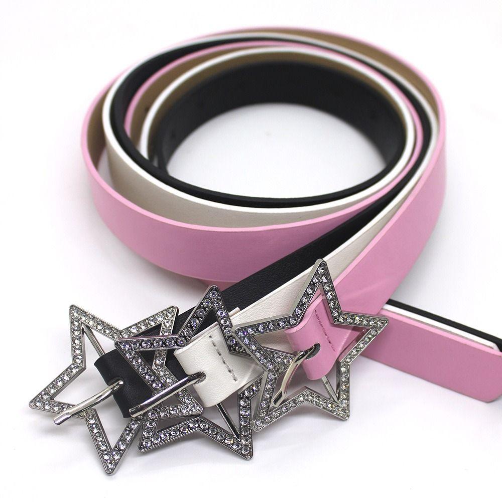 Yinhuandong Veelzijdige leren riem met strass-pentagramspeld en gesp, dunne tailleband voor vrouwen en meisjes