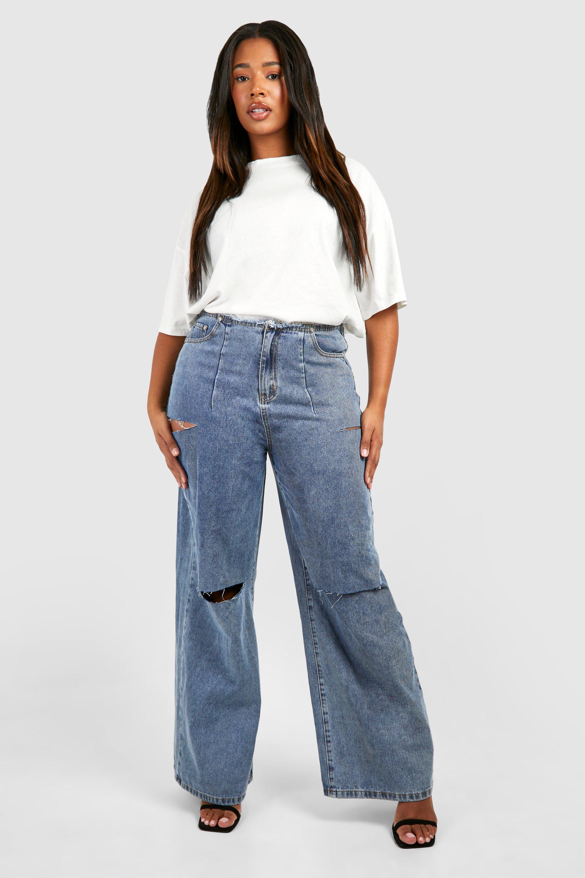Boohoo Plus Gescheurde Jeans Met Rechte Pijpen, Vintage Wash