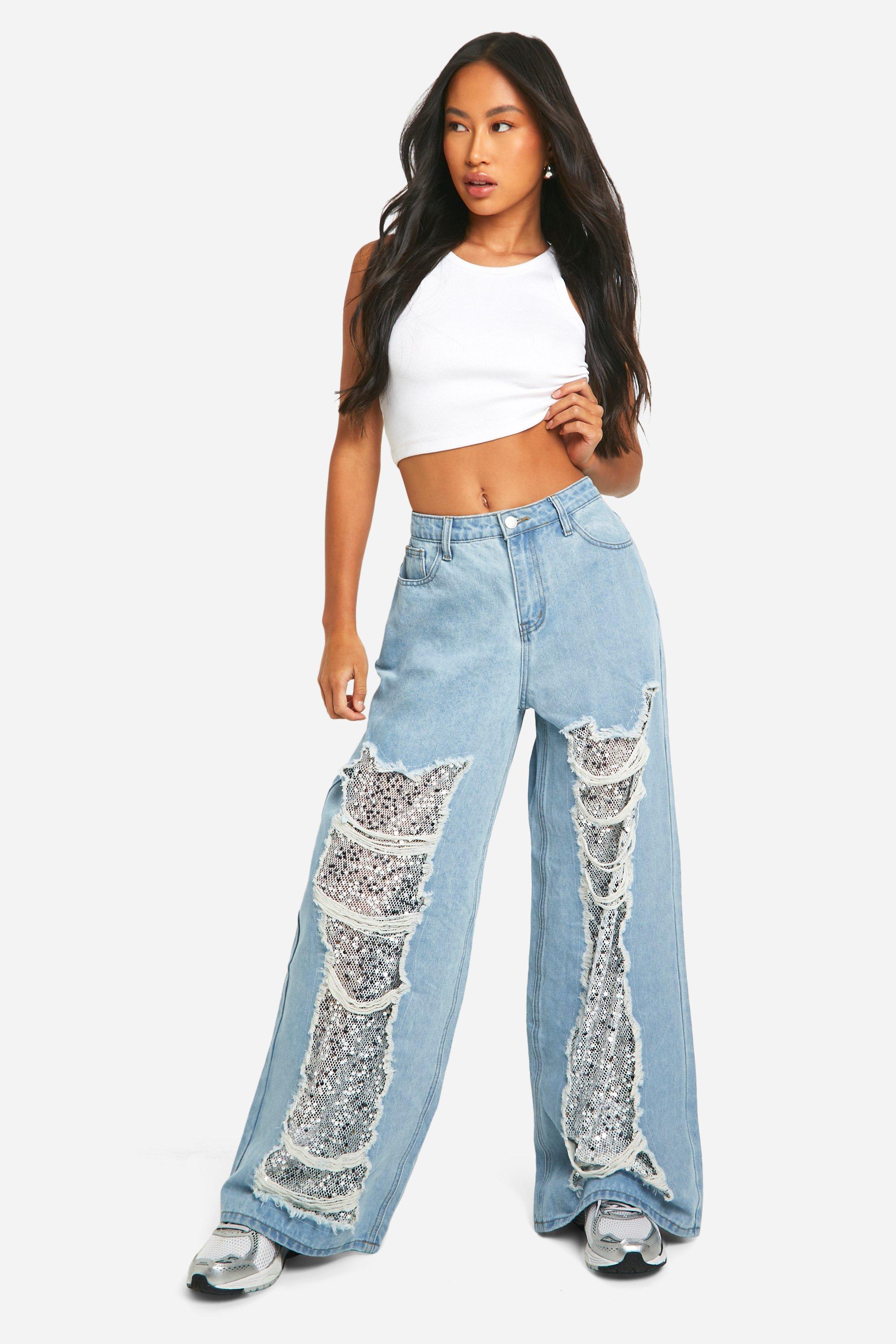 Boohoo Jeans Met Rechte Pijpen, Pailletten En Insert, Washed Blue