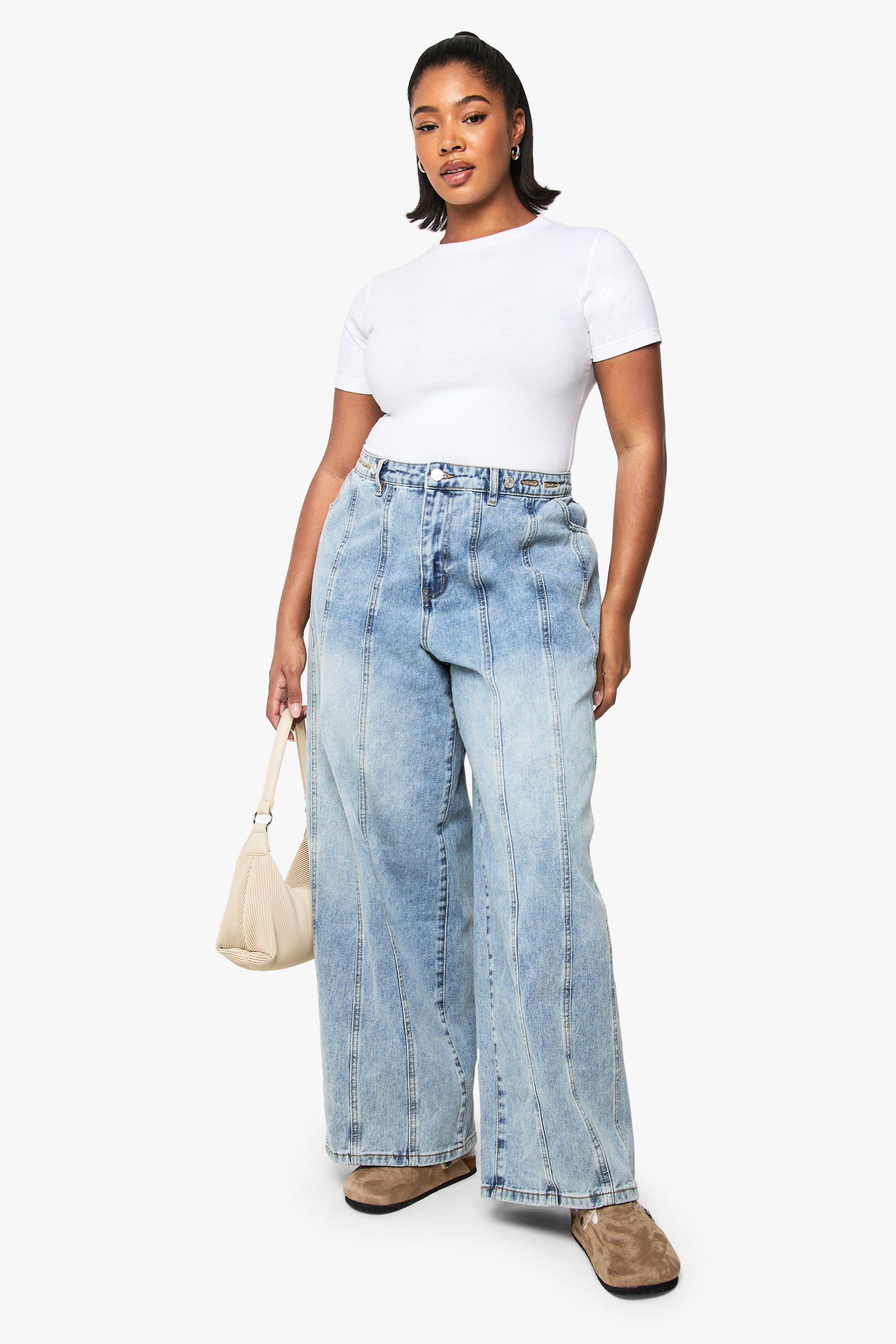 Boohoo Plus Wide Leg Jeans Met Verstelbare Taille, Mid Blue