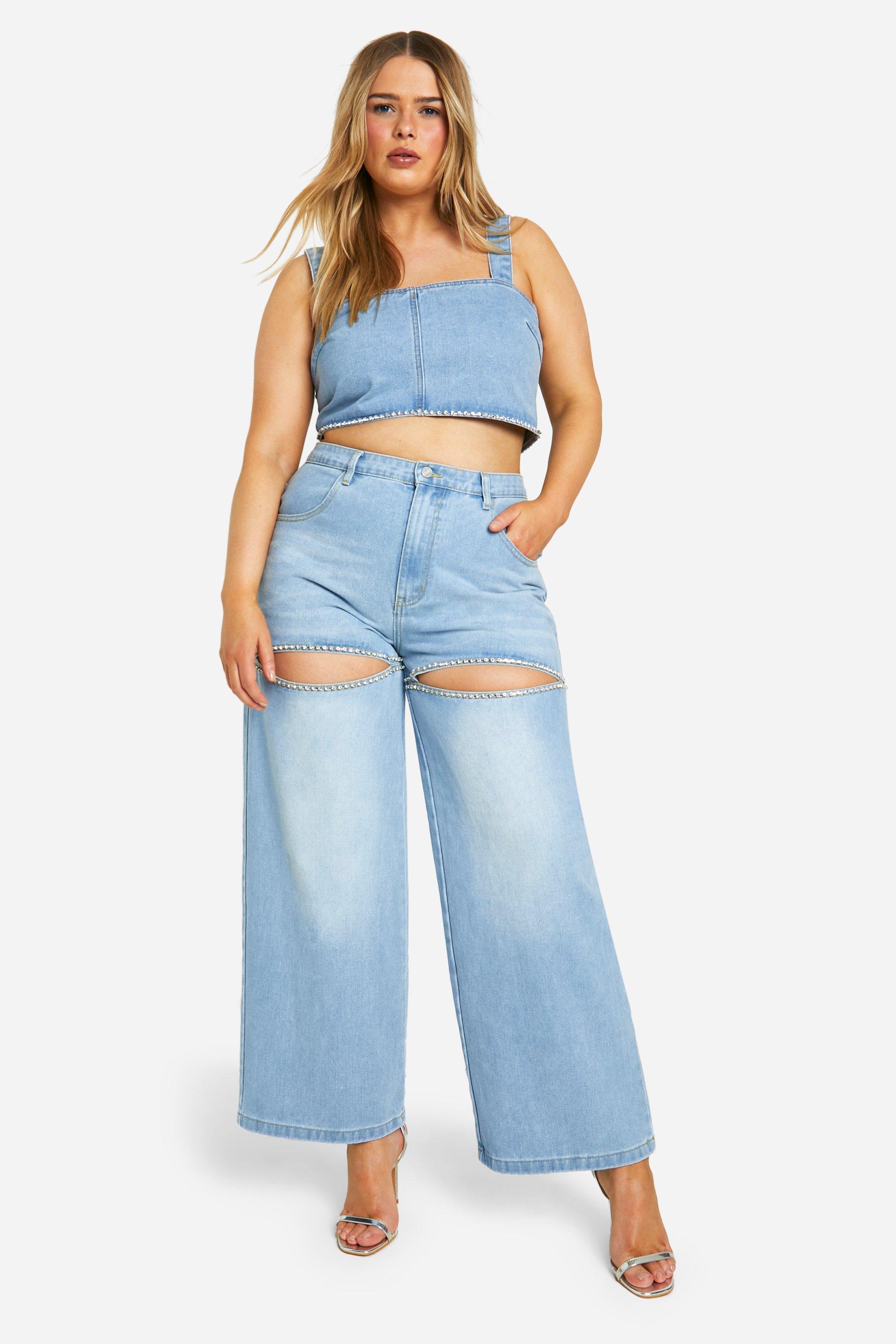 Boohoo Plus Jeans Met Steentjes En Uitsnijding, Light Blue