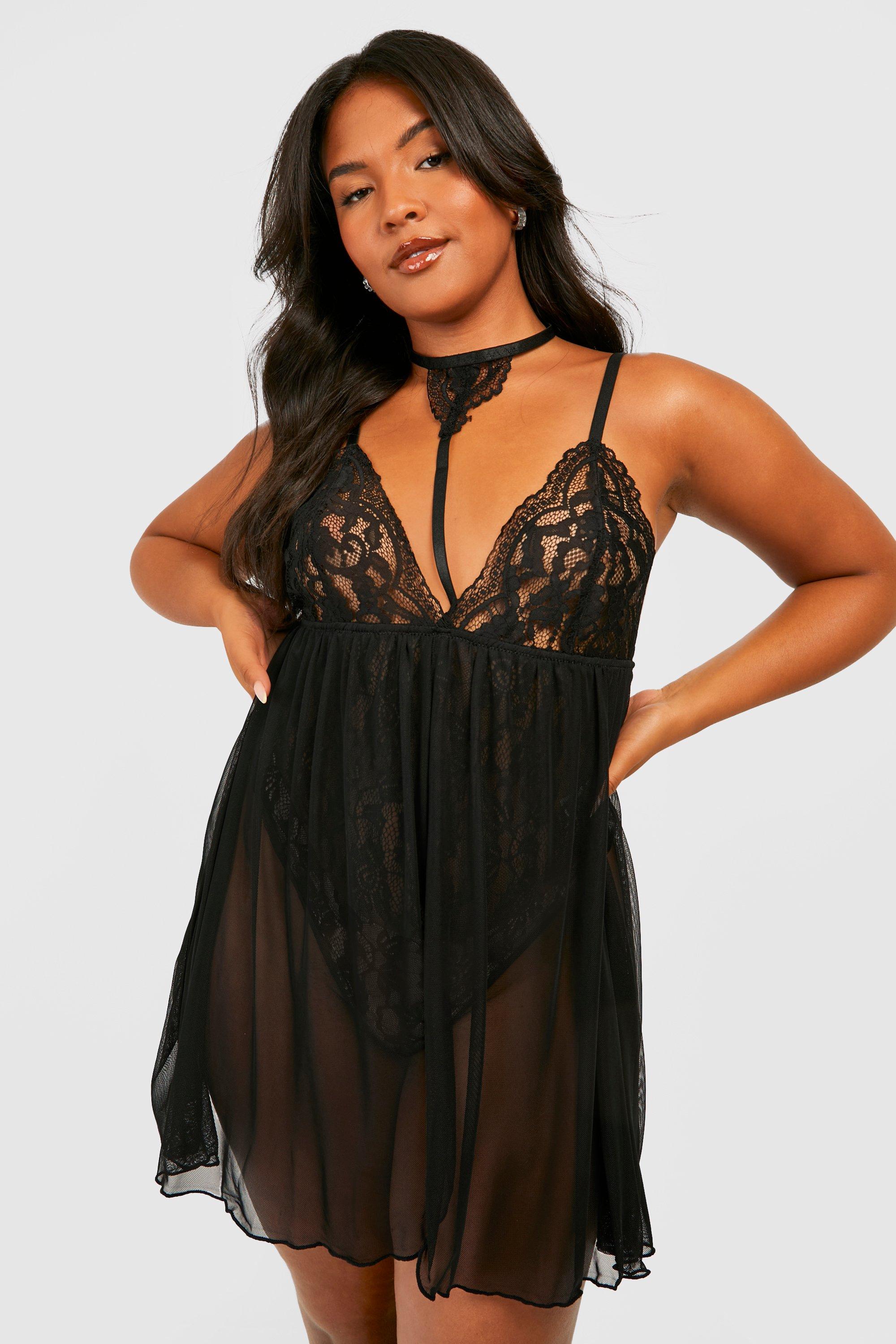 Boohoo Plus One Piece Babydoll Met Choker Detail, Black