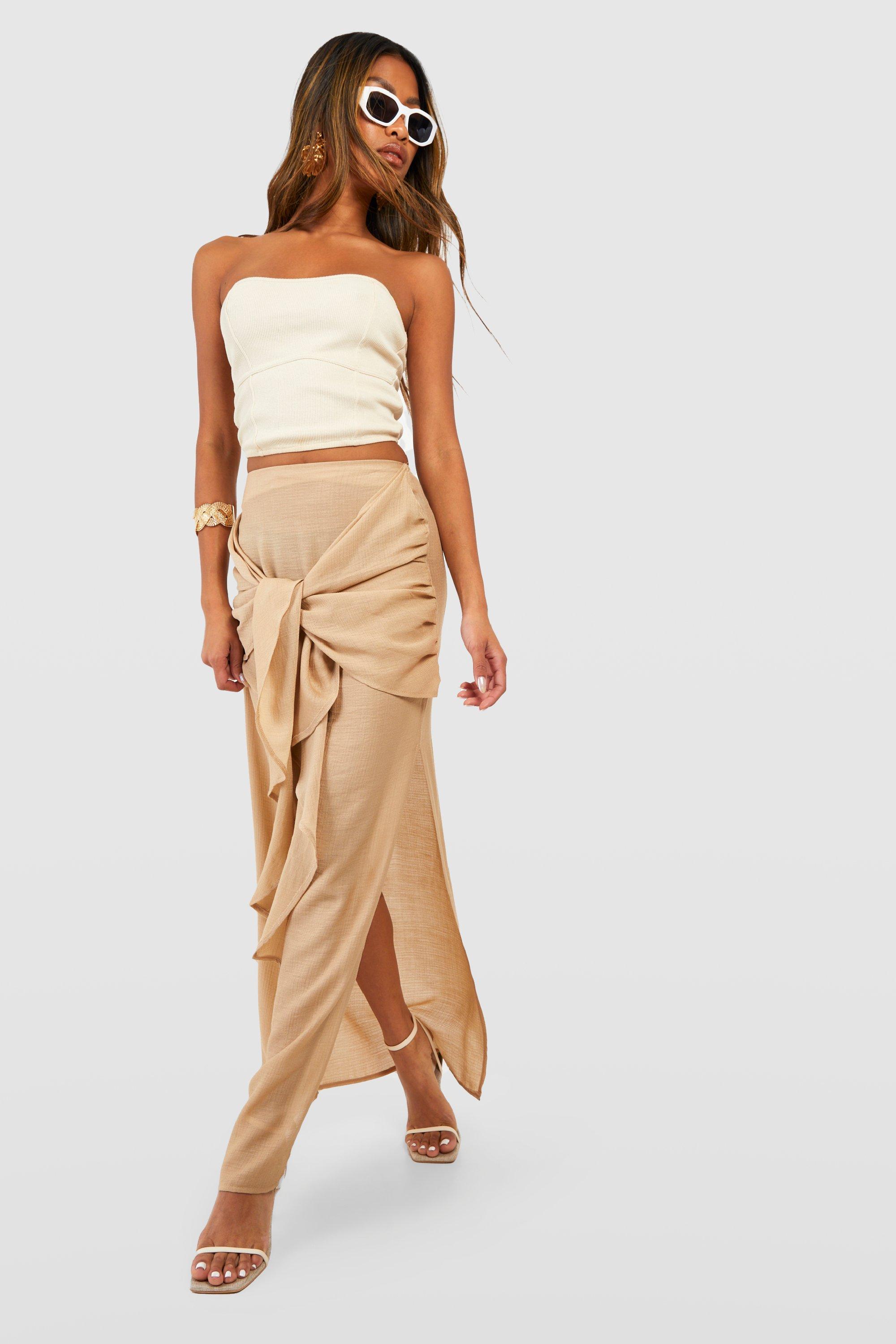 Boohoo Opgeknoopte Kaasdoek Maxi Rok Met Textuur, Brown