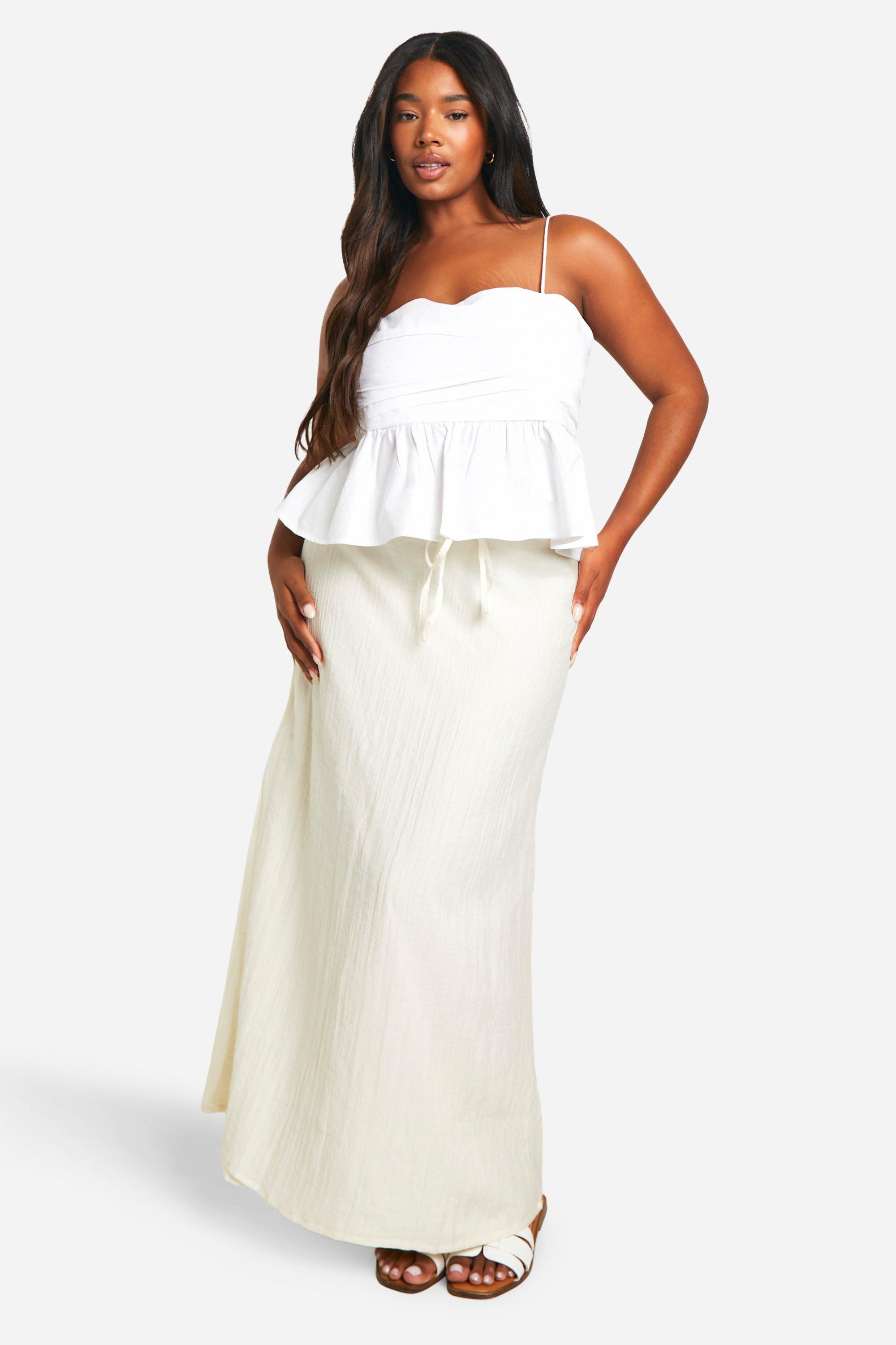 Boohoo Plus Linnen Look Maxi Rok Met Strik, Ivory