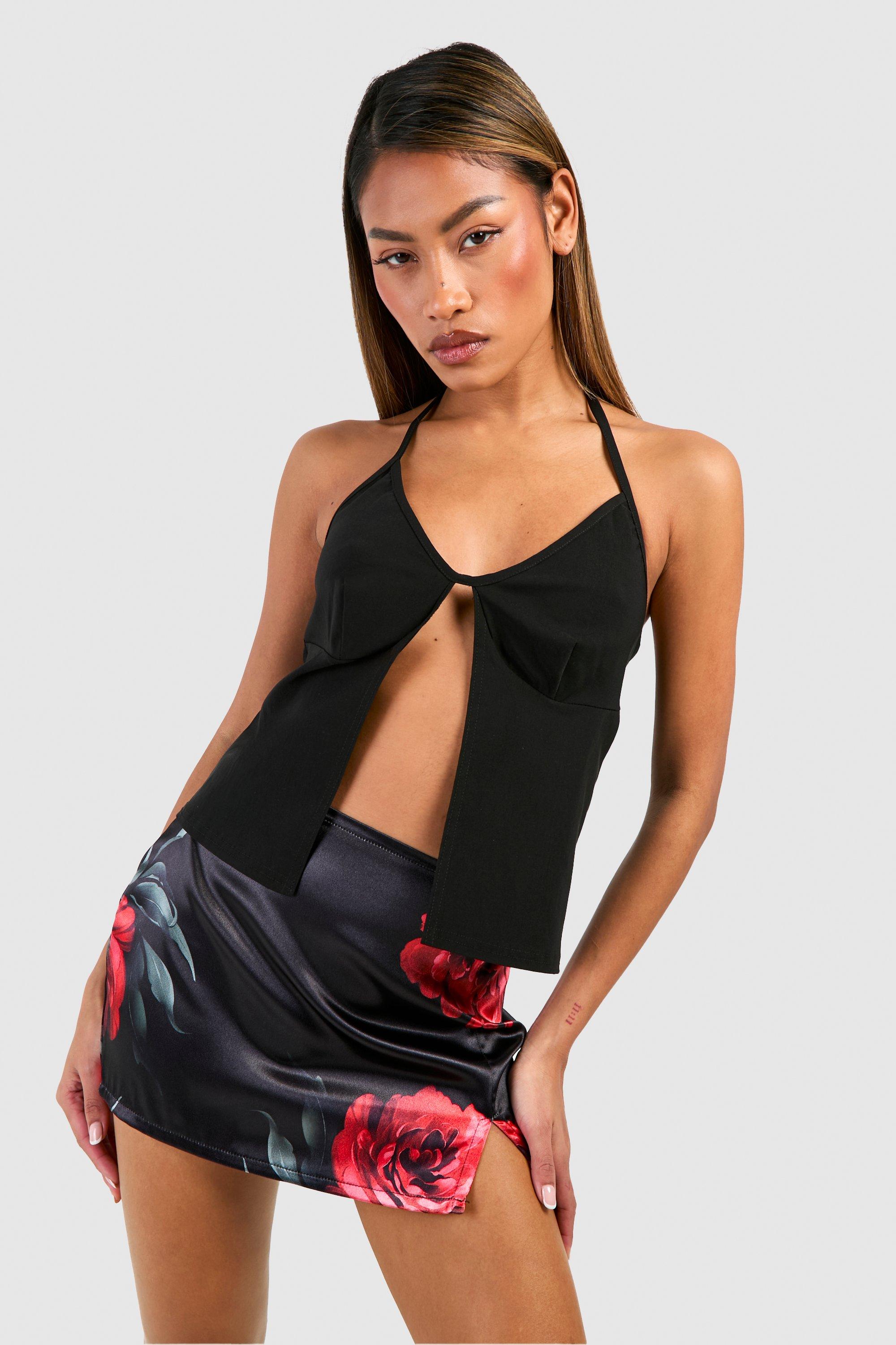Boohoo Satijnen Bloemen Mini Rokje, Black