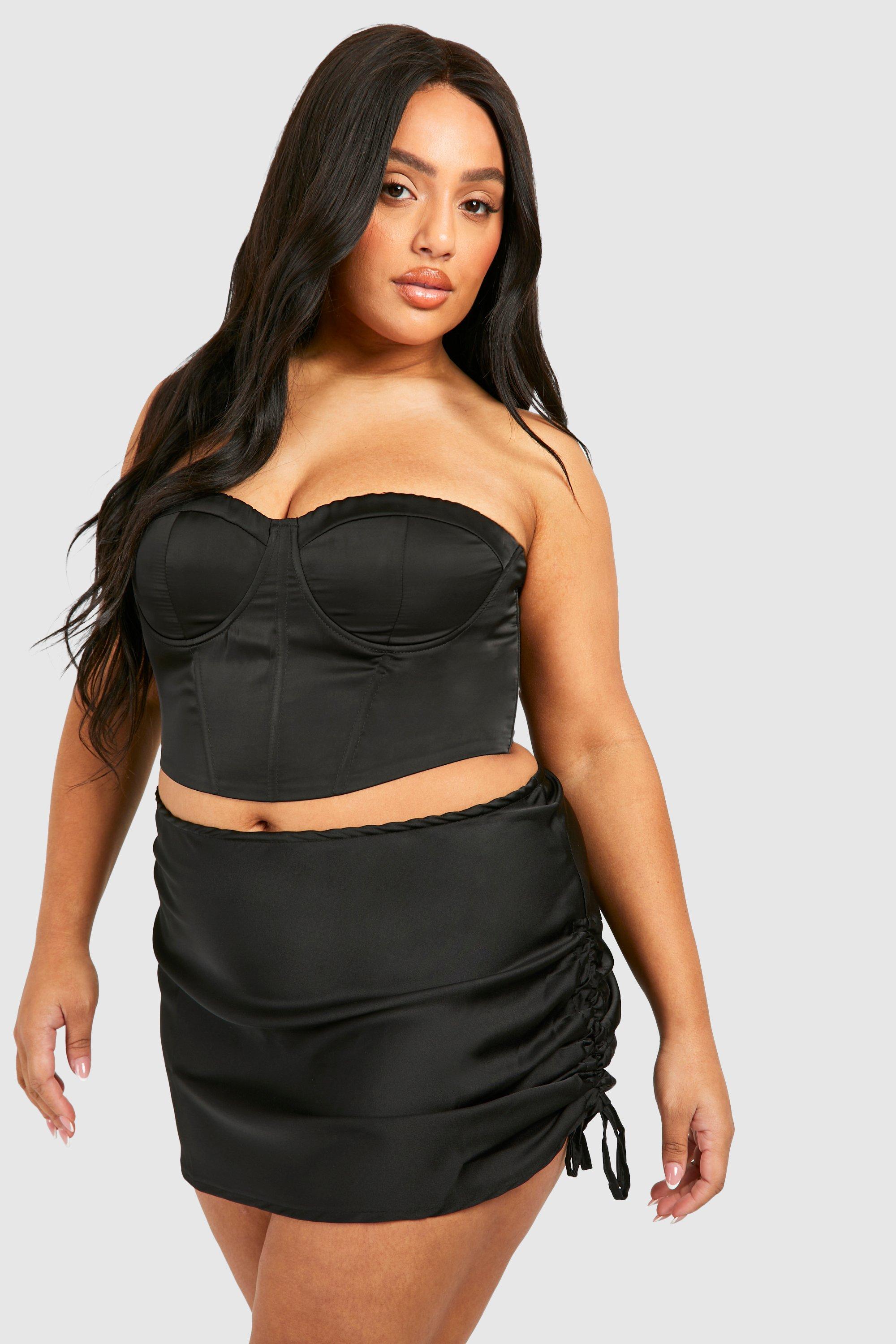 Boohoo Plus Geplooid Satijnen Mini Rokje, Black