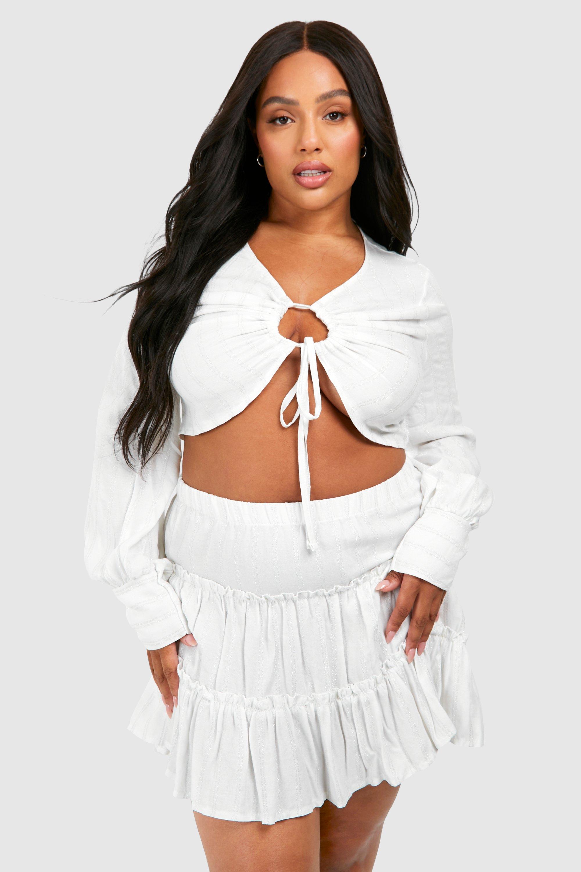 Boohoo Plus Geweven Gestreept Mini Rokje Met Laagjes, Silver