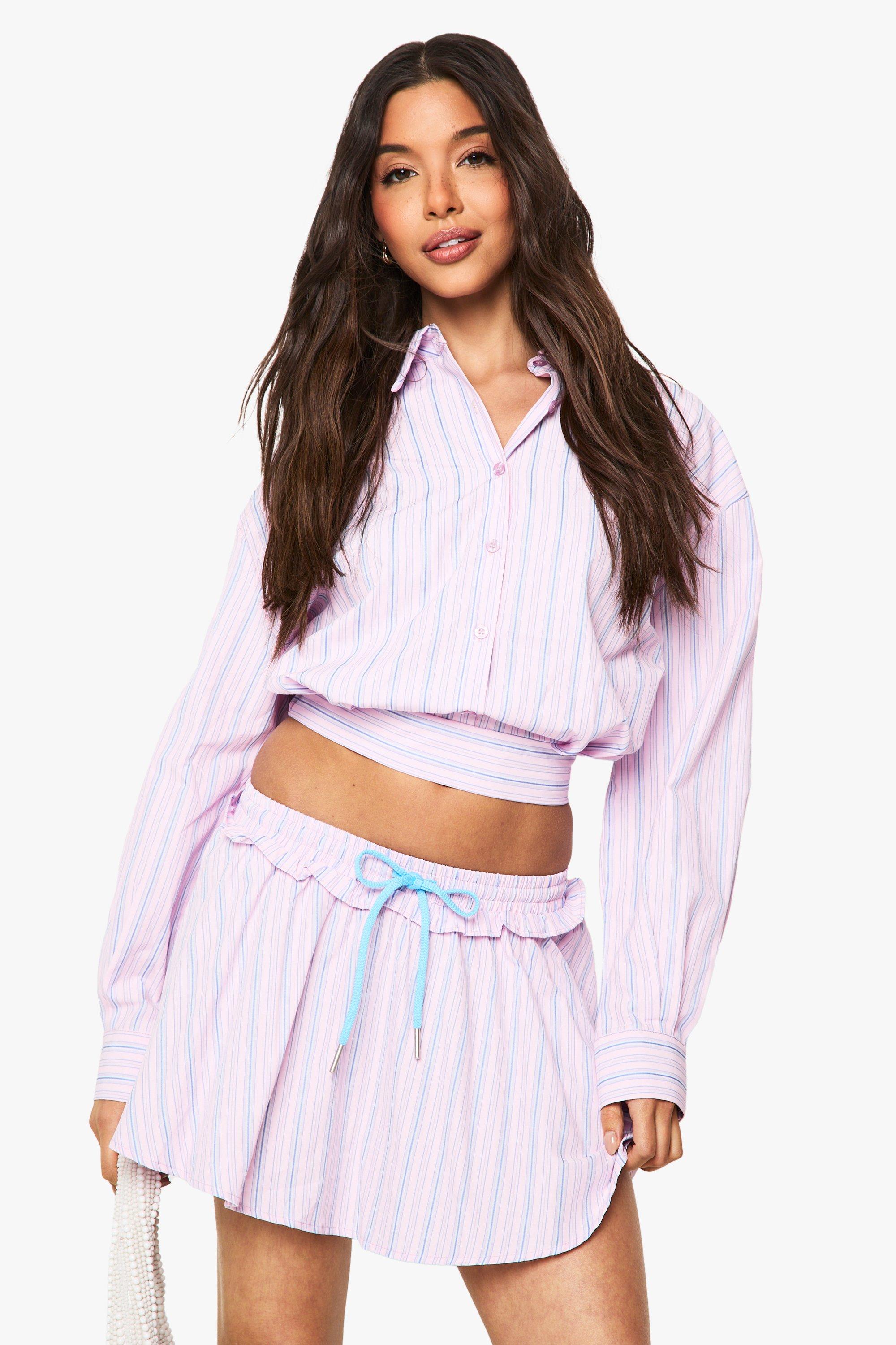 Boohoo Blauw Roze Gestreept Skater Mini Rokje Met Ruches En Naaddetail, Pink
