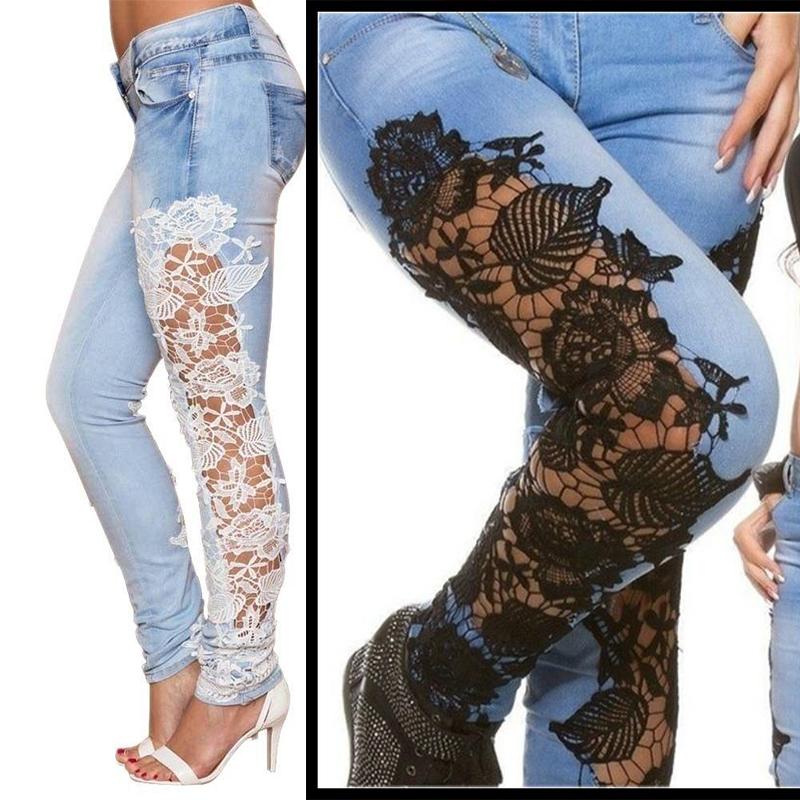 XHZ Lace Spliced Hollow Out Blue Jeans for Women Chic New Fashion Slim High Waisted Jeans Chic Vintage Skinny Pencil Pants S wit