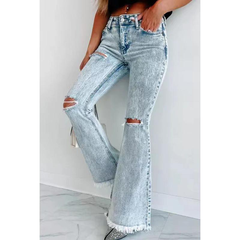 Vinde Home Herfstblauwe gescheurde jeans voor dames met split en hoge taille M blauw