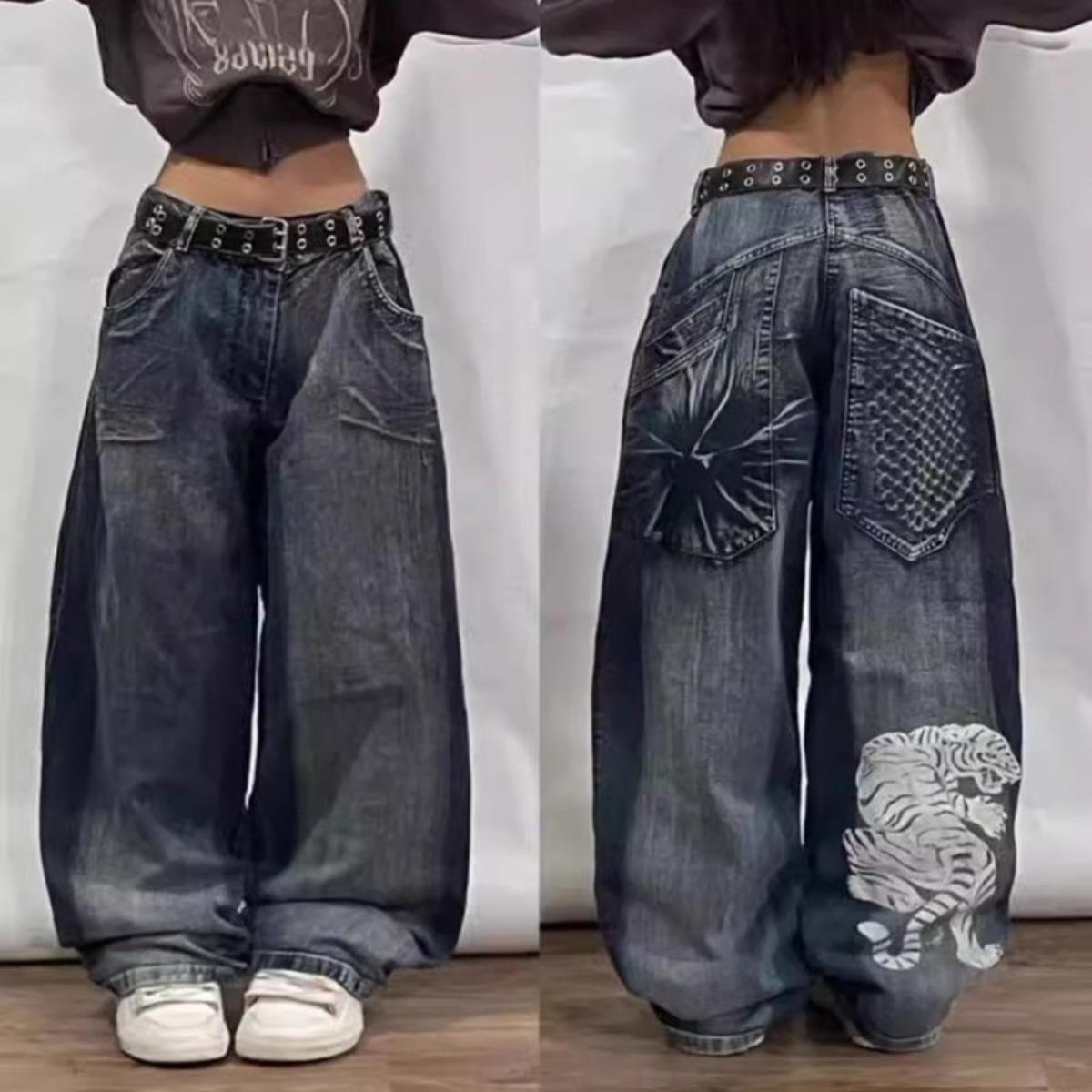 Tinicoo Y2K Amerikaanse Nieuwe Retro Straat Hip-hop Losse Jeans Vrouwelijke Harajuku Hoge Taille Wijde Pijpen Broek Gotische Wijde Broek Straat Broek S