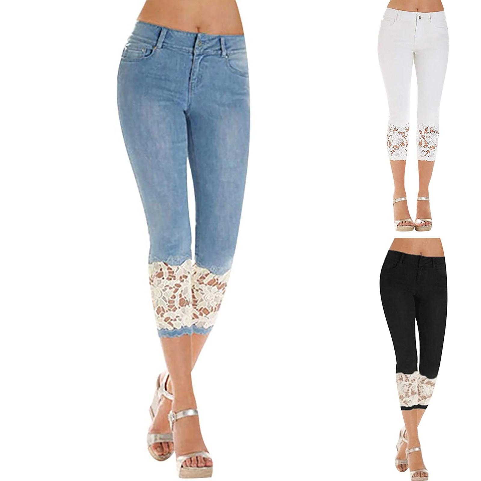 ElongPaoXiao Dames skinny denim jeans Stretch slanke broek Kuitlengte Cropped kanten jeans XXXL