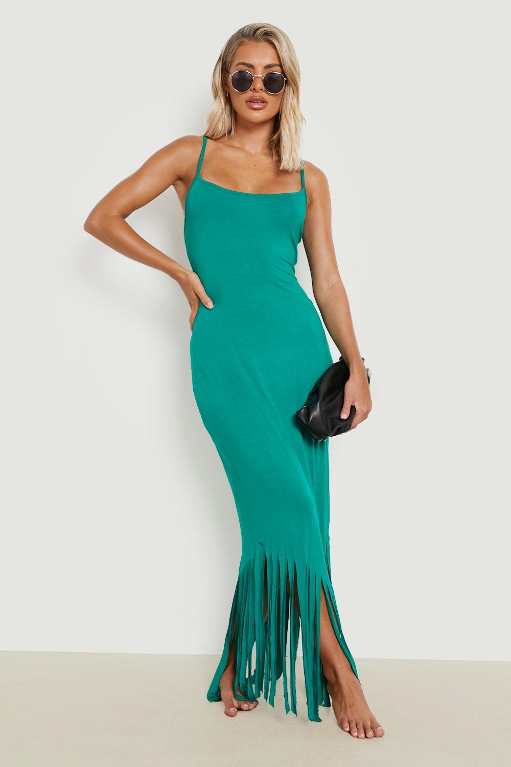 Boohoo Maxi Strand Jurk Met Bandjes En Kwastjes, Green