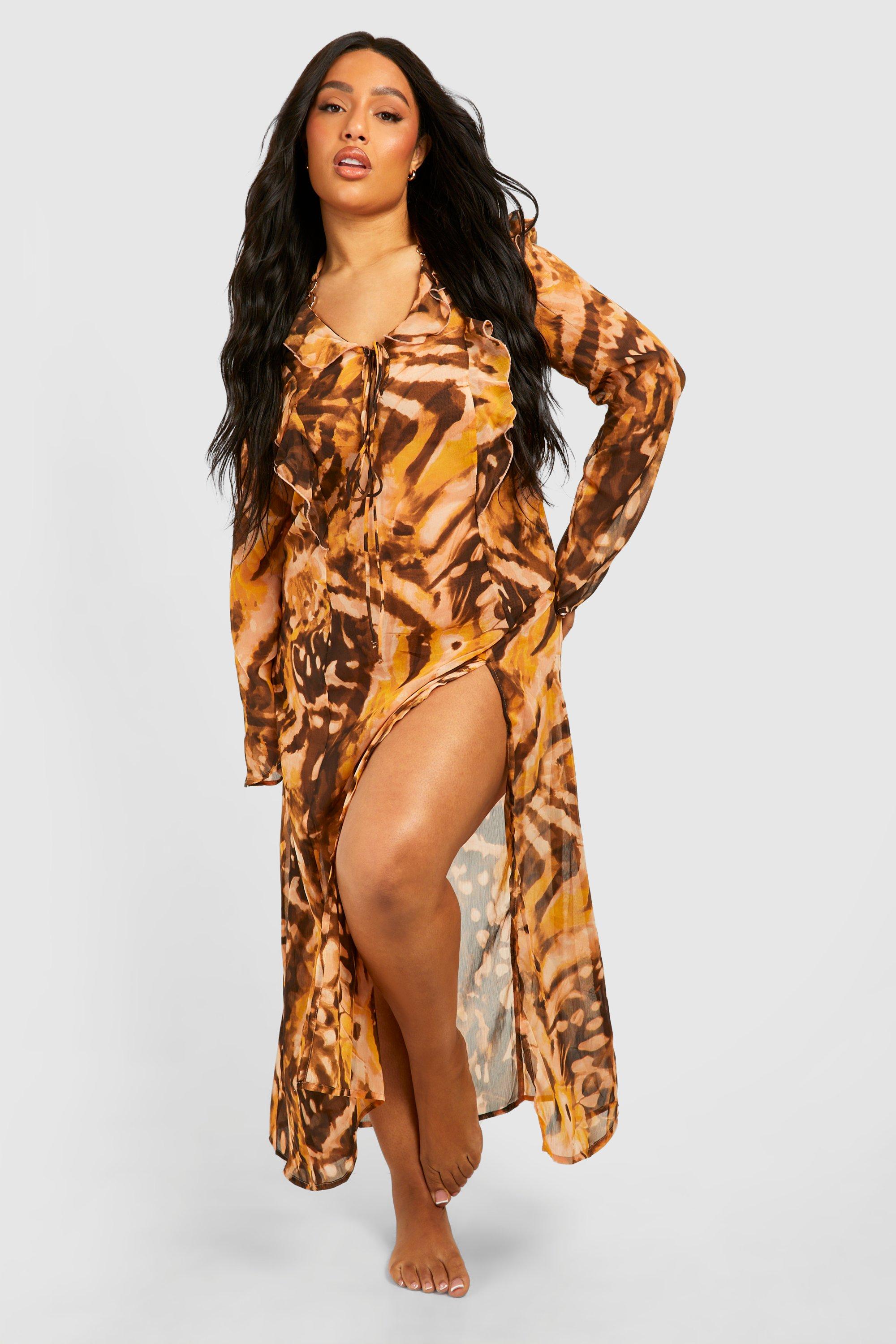 Boohoo Plus Zebraprint Maxi Strand Jurk Met Ruches, Zebra