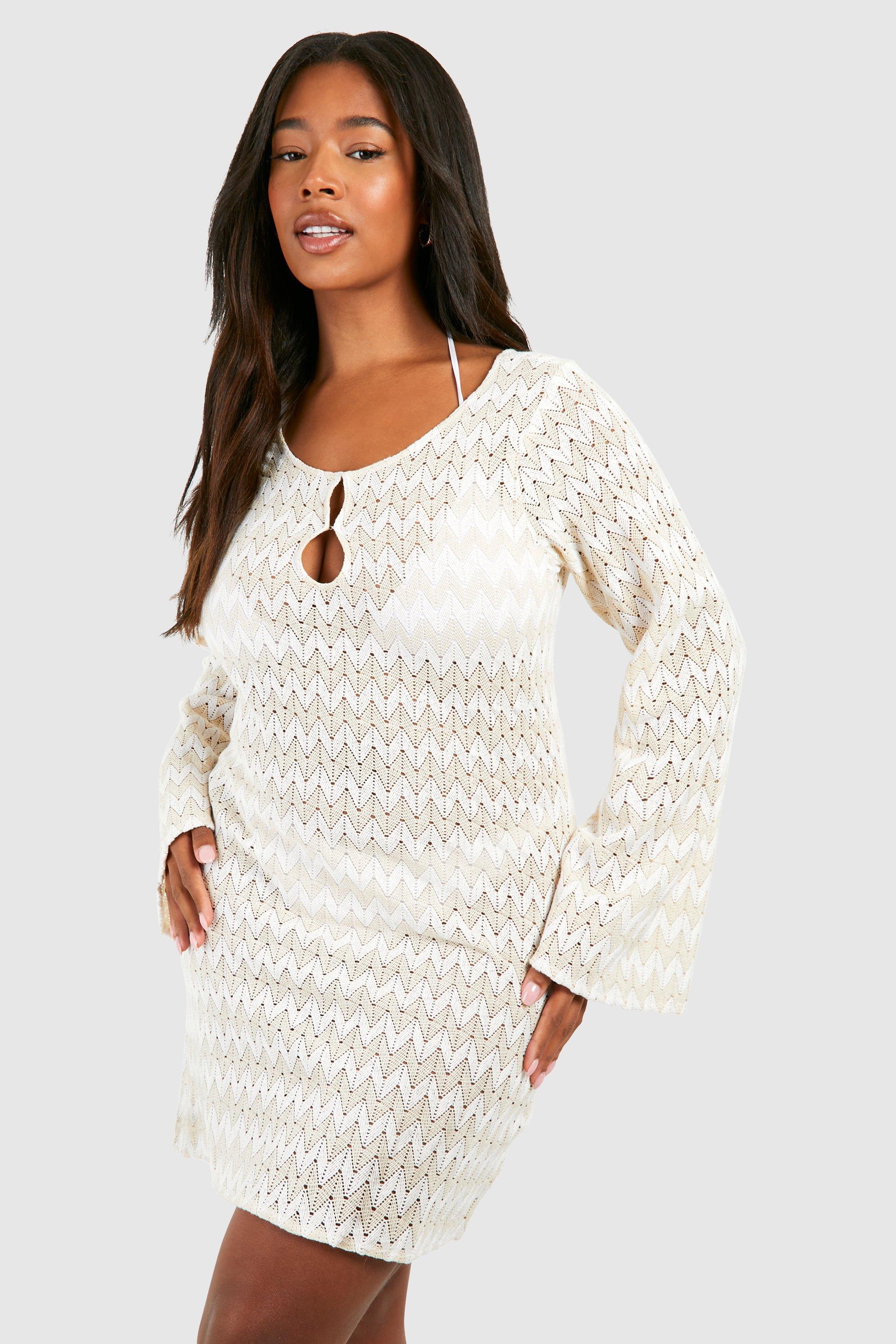 Boohoo Plus Gestreepte Gehaakte Neutrale Strand Jurk, Neutral