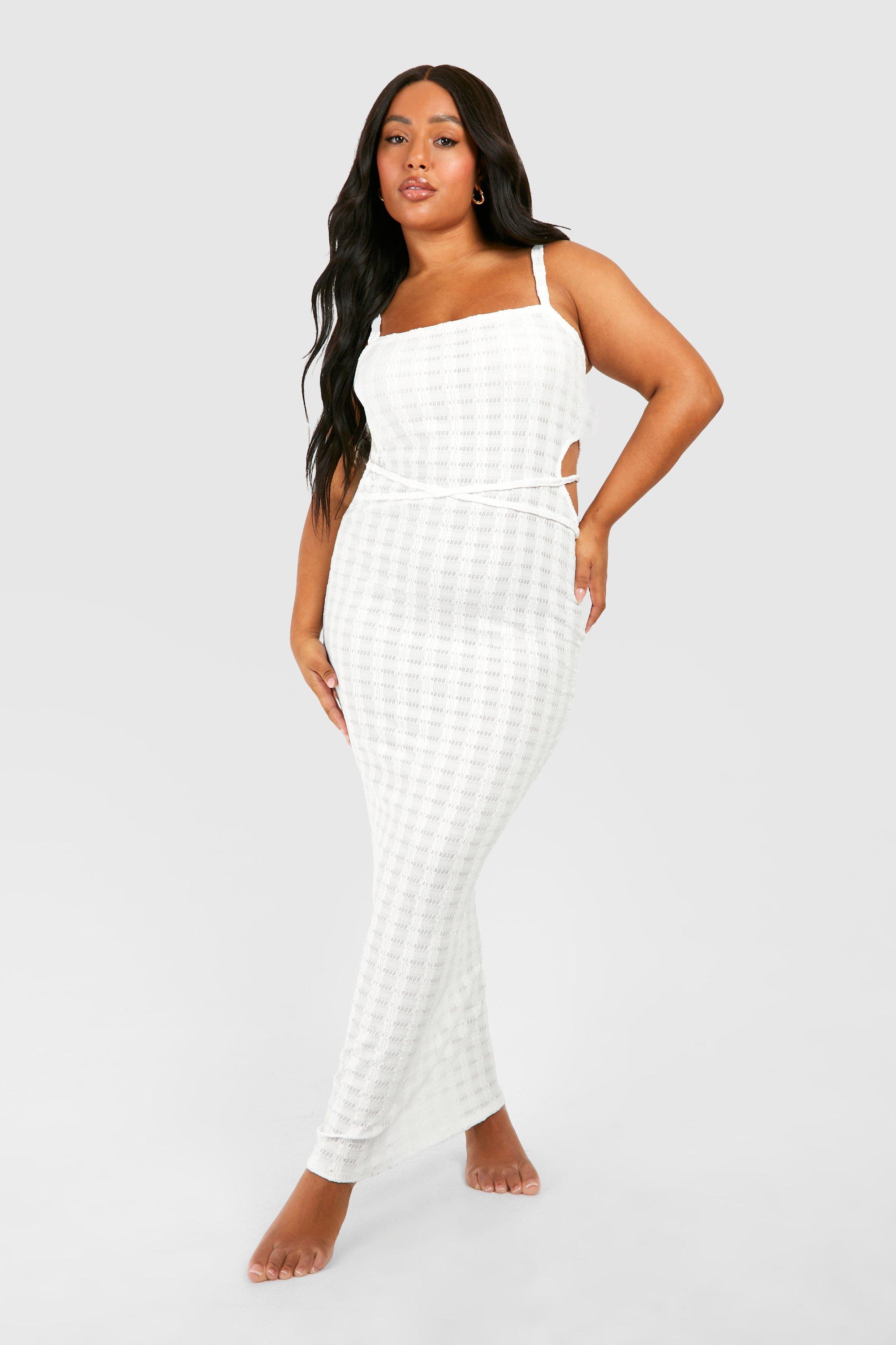 Boohoo Plus Gebreide Jersey Strand Maxi Jurk Met Uitsnijding, White