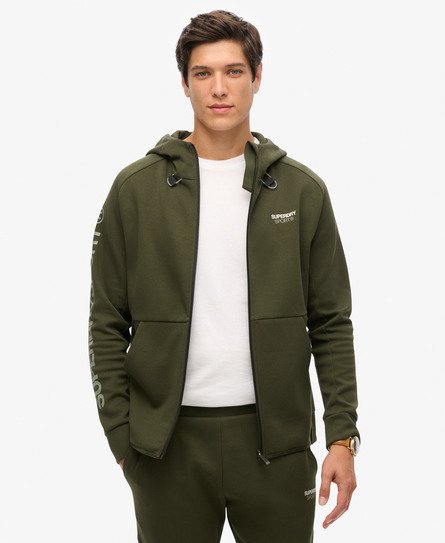 Superdry Mannen Sport Tech Hoodie met Losse Pasvorm, Rits en Logo Khaki