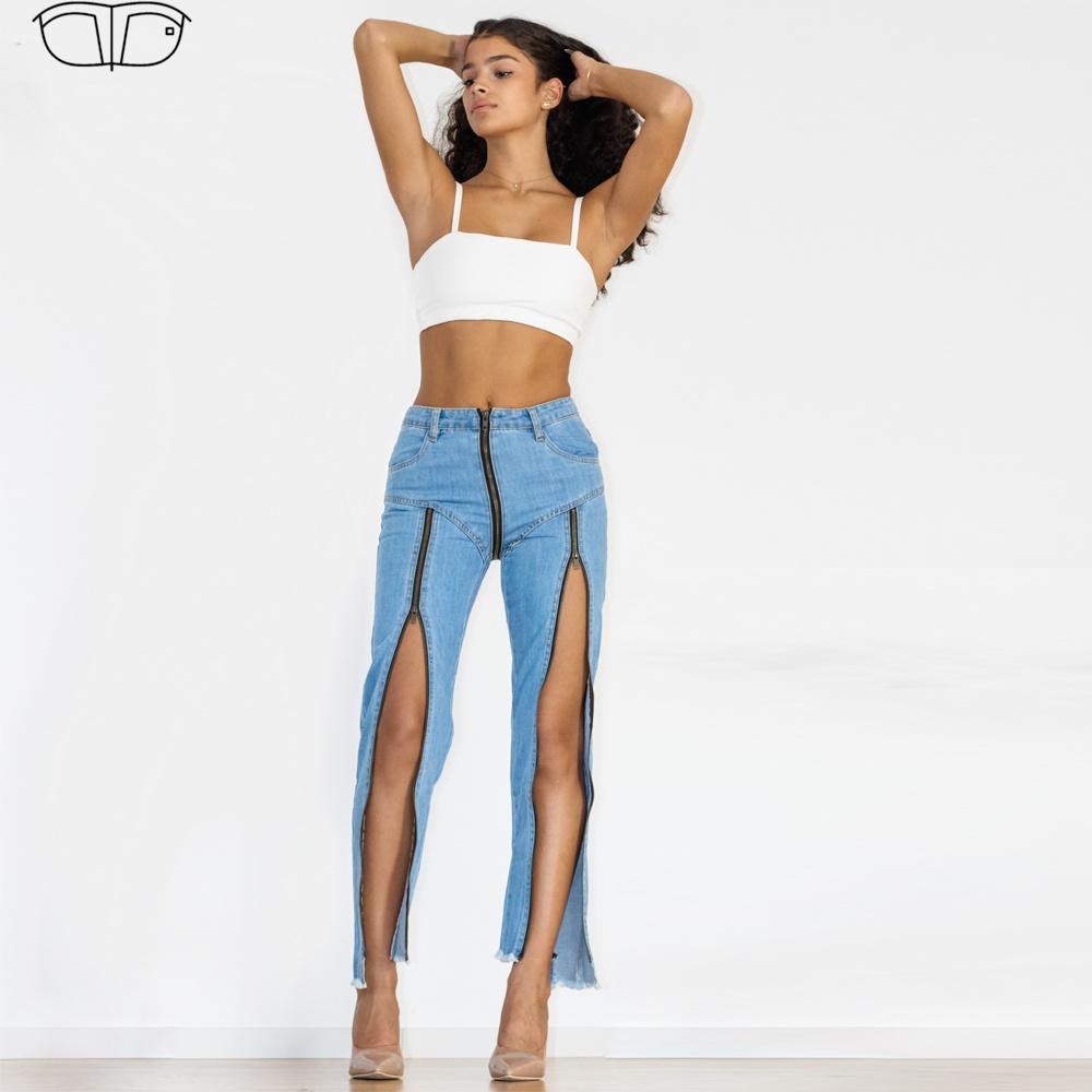 Shascullfites Dames Split Rechte Jeans Dames Club Dansbroek Lichtblauwe Denim Broek Slim Fit Rits Jeans XS blauw