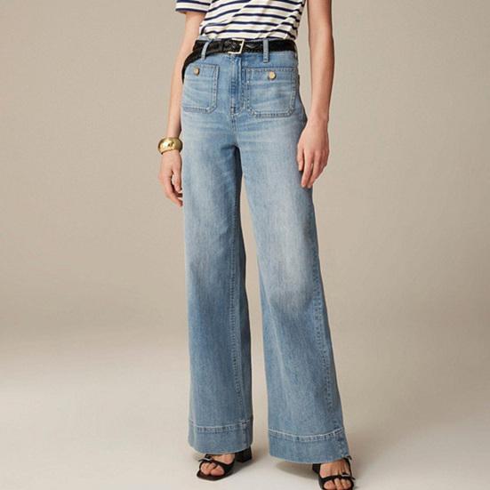 Dress Fancy Club Dames Jeans Uitlopende Zoom Recht Rekbaar Kleur Los Hoog Wijde Pijp Effen Taille Casual Meerdere Zakken Knoop Decor Streetwear M blauw