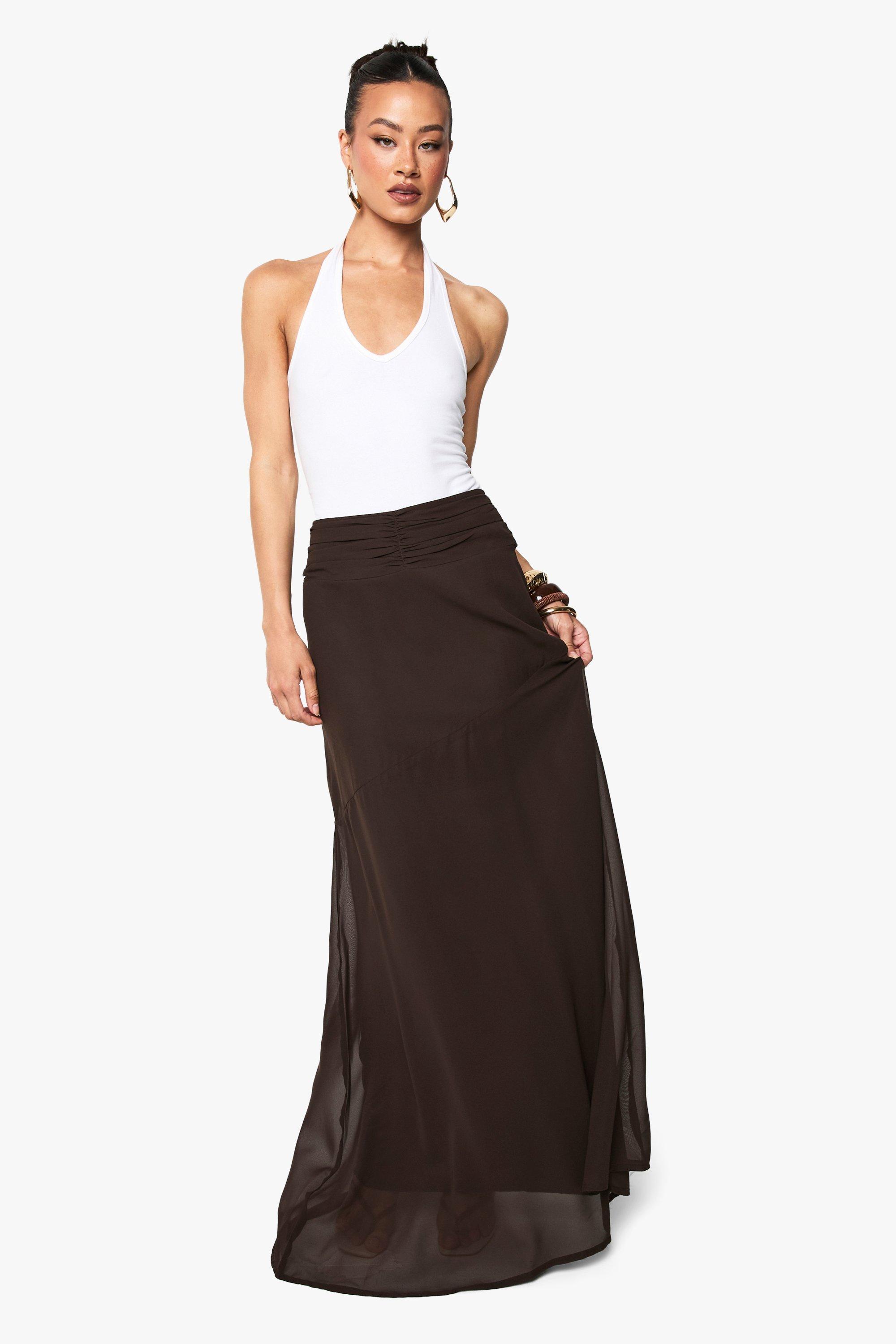 Boohoo Tall Chiffon Maxi Rok Met Puddle Zoom, Chocolate