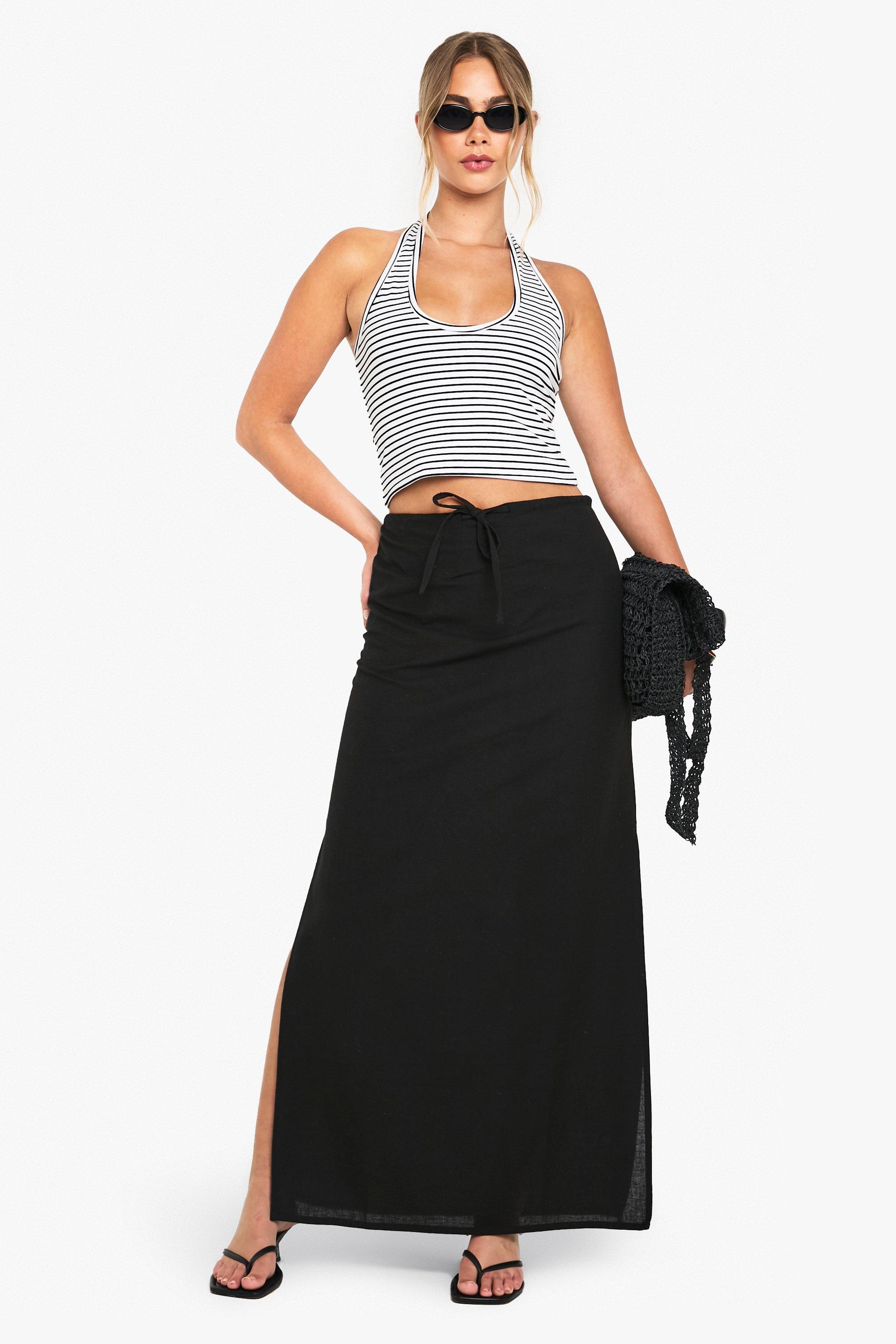 Boohoo Linnen Maxi Rok Met Touwtjes, Black