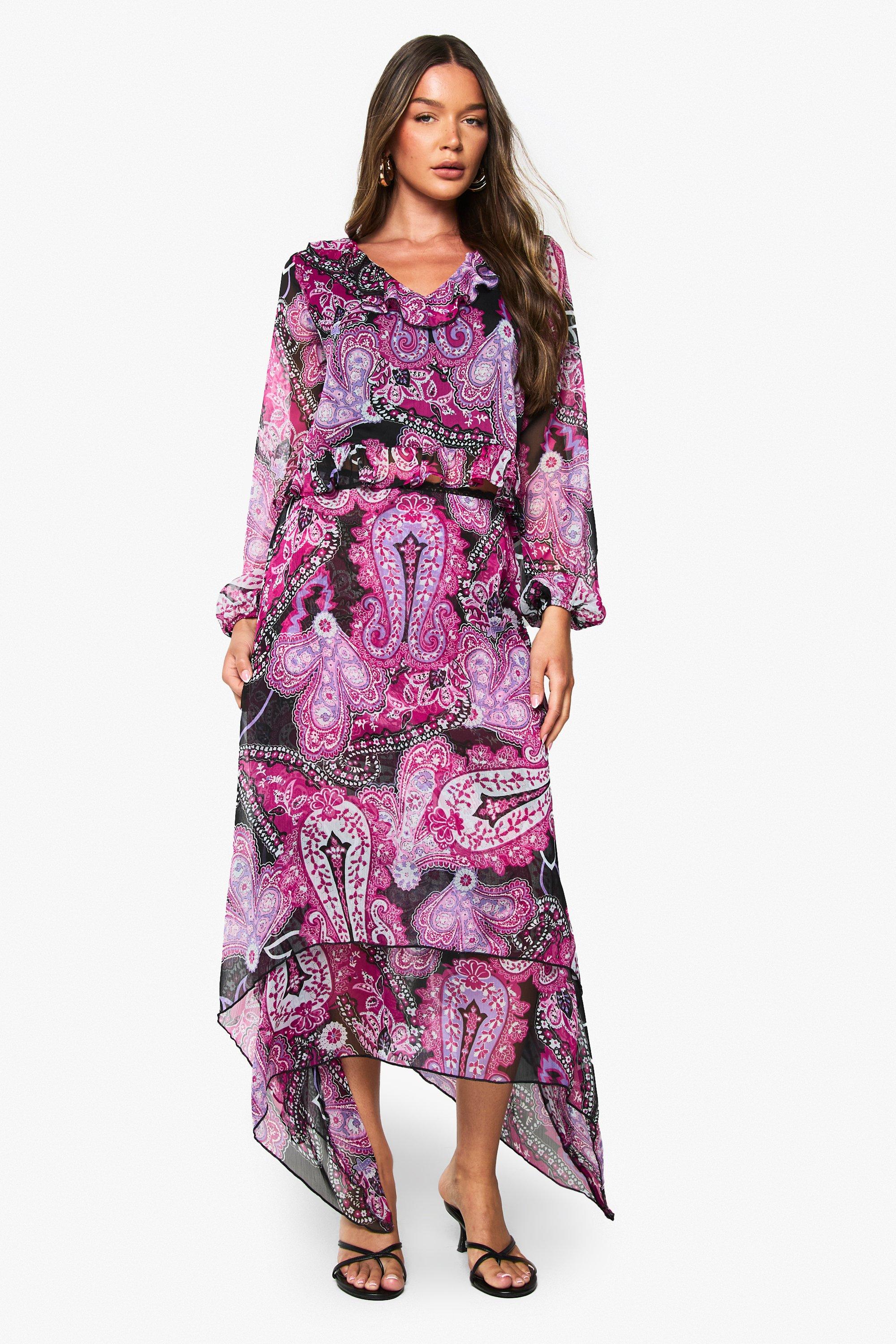 Boohoo Chiffon Paisley Midi Rok Met Zakdoekzoom, Purple