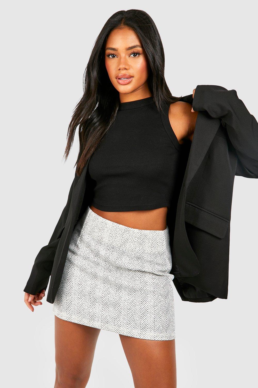 Boohoo Geruit Wollen Mini Rokje, Blackwhite