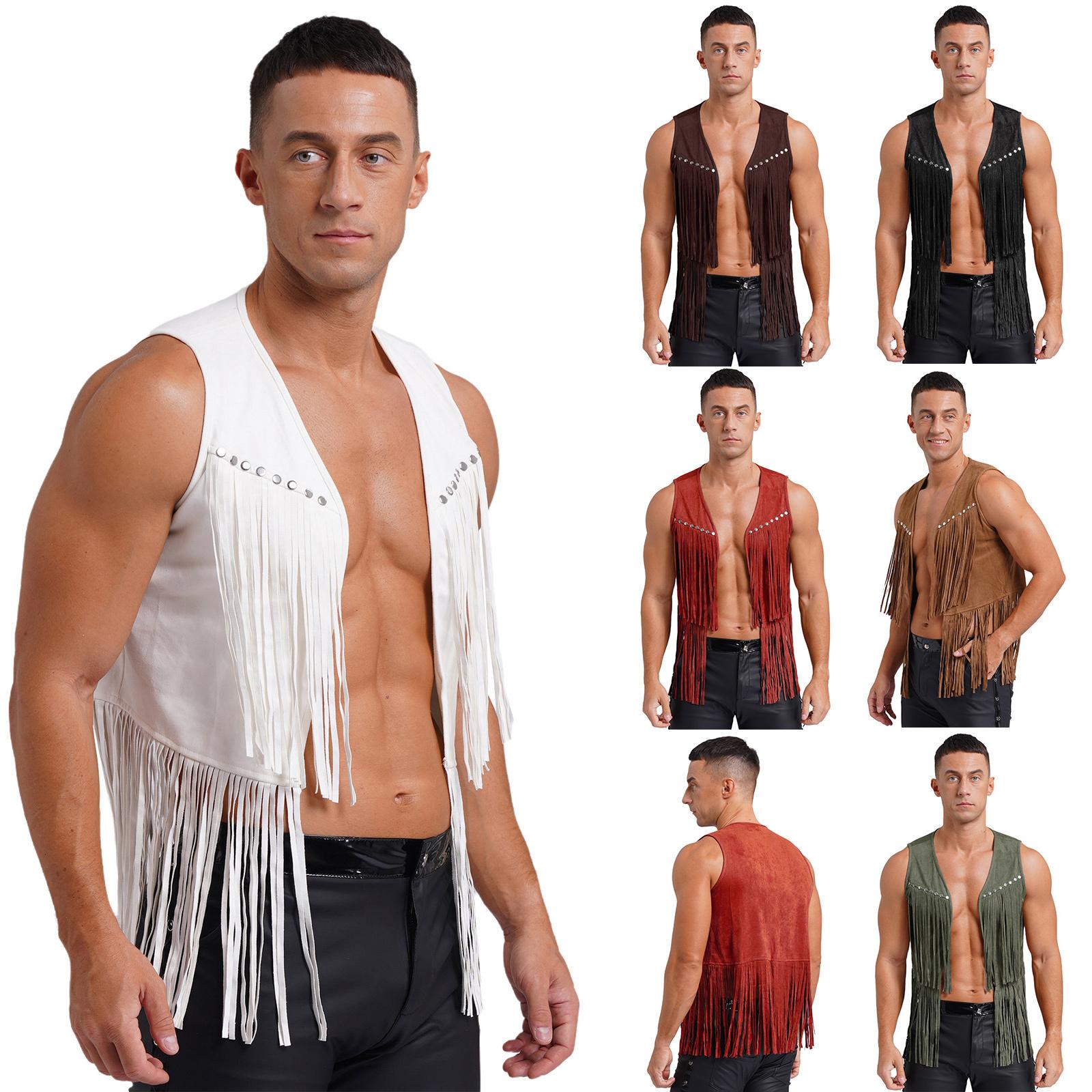 Aislor Heren Western Cowboy Vintage Faux Suede Kwastjes Vest Tops Open Voorkant Klinknagels Fringe Vest Jas Festival Rave Party Clubwear M zwart