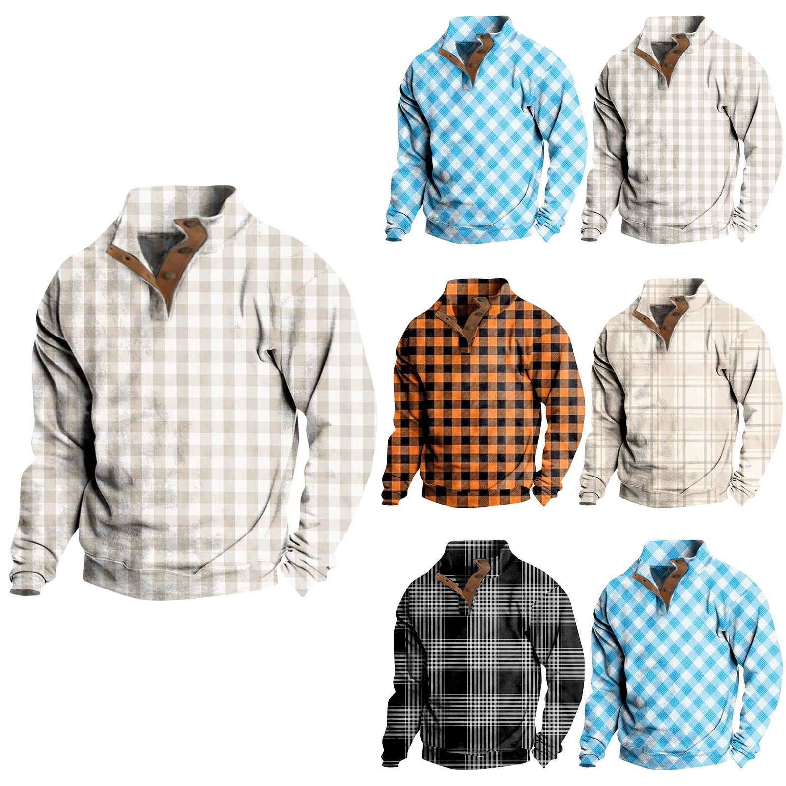 Ren Bag Heren Casual Mode Plaid Bedrukt Capuchonloos Sweatshirt Brede Heren Losse Knoop Stand Kraag Capuchon Sweatshirt XXXL zwart