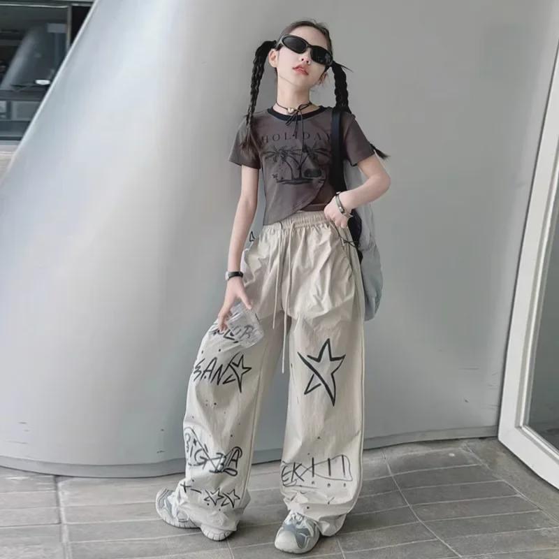 VantaGoods 2024 Meisjes Trendy Handbeschilderde Zomerbroek - Casual Mode Overalls voor Grote Kinderen 160 grijze kleur