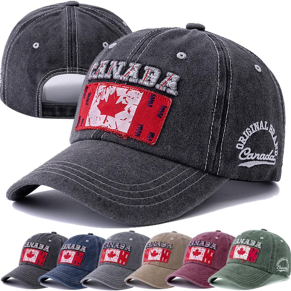 UP POSITIVE Nieuwe unisex gewassen katoenen vintage baseballpet, hoogwaardig CANADA-vlagborduurwerkpatroon, buitensporthoed voor mannen en vrouwen 56cm-60cm grijs