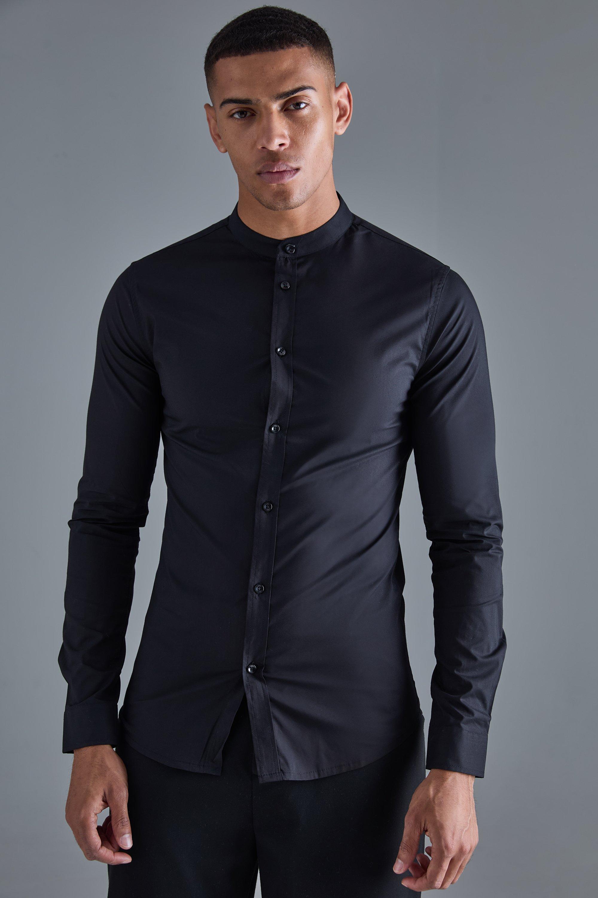 Boohoo Muscle Fit Overhemd Met Lange Mouwen En Opa Kraag, Black