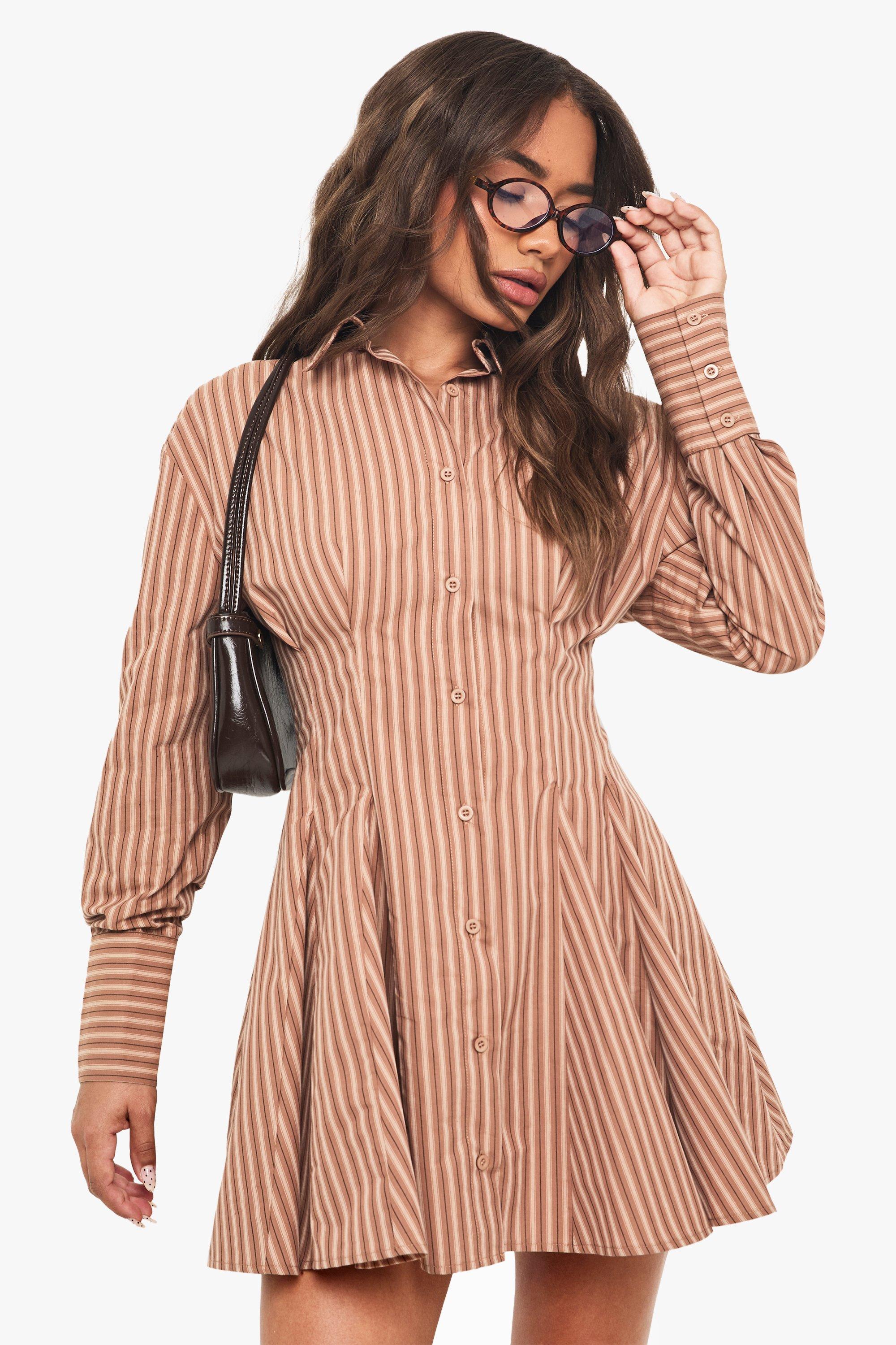Boohoo Stripe Cinched Waist Skater Skirt Dress, Stone