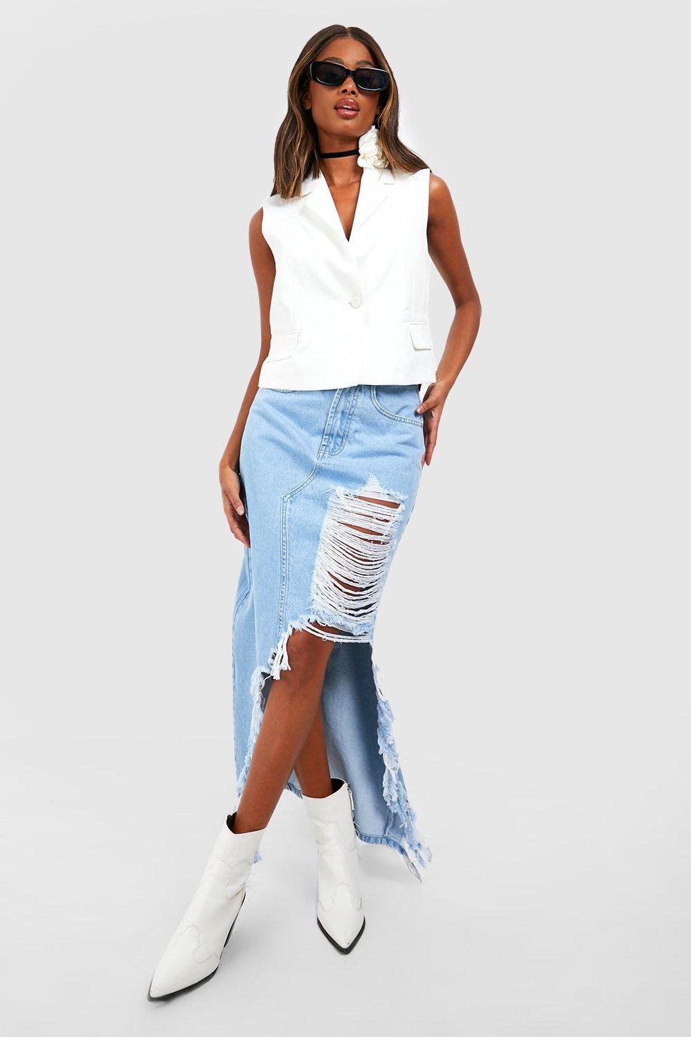 Boohoo Gescheurde Maxi Spijkerrok Met Split, Light Blue