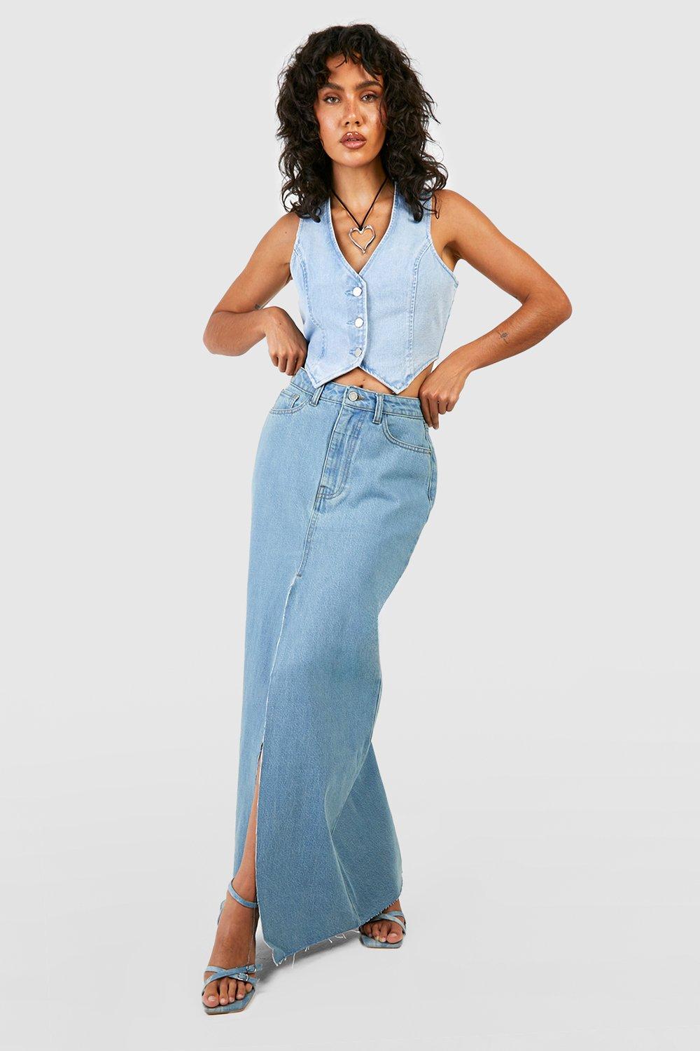 Boohoo Hoge Onbewerkte Maxi Spijkerrok Met Split, Washed Blue