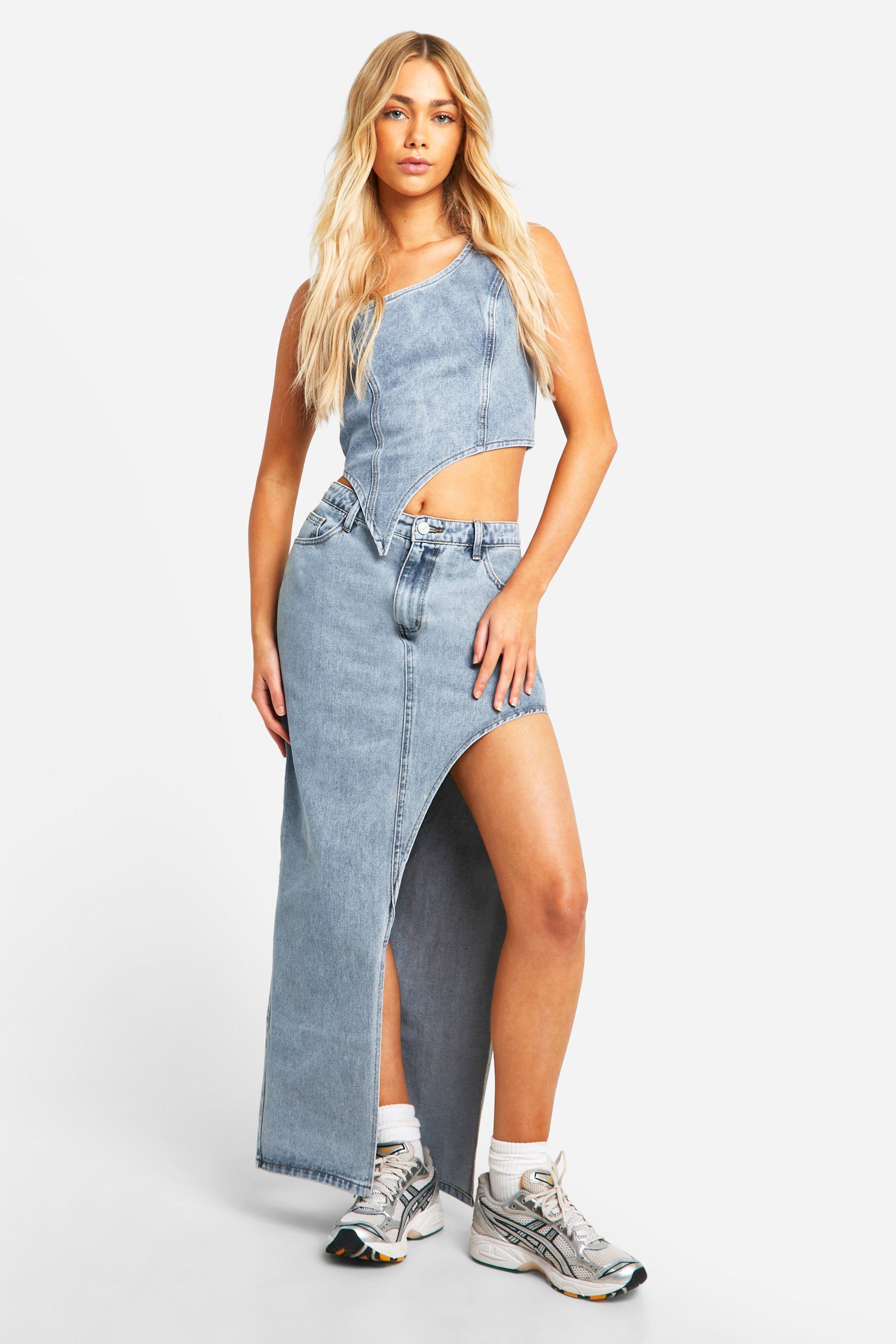 Boohoo Asymmetrische Denim Maxi Ski Rok . Met Hoge Split, Mid Blue