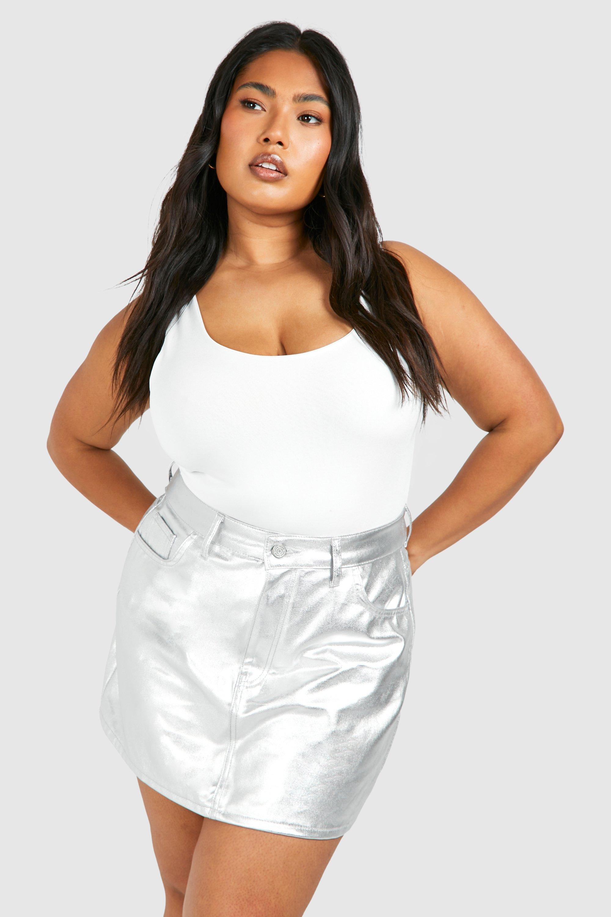 Boohoo Plus Metallic Mini Spijkerrokje, Silver