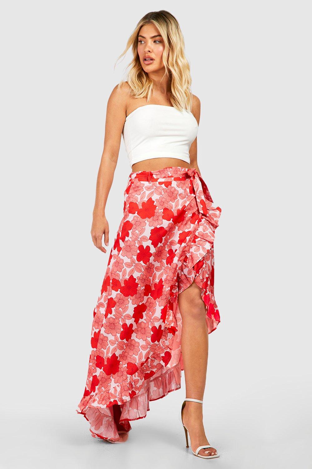 Boohoo Bloemen Maxi Wikkel Rok Met Geplooide Zoom, Pink