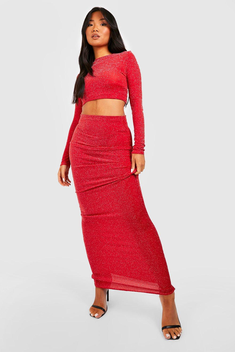 Boohoo Petite Lurex Glitter Maxi Rok, Red