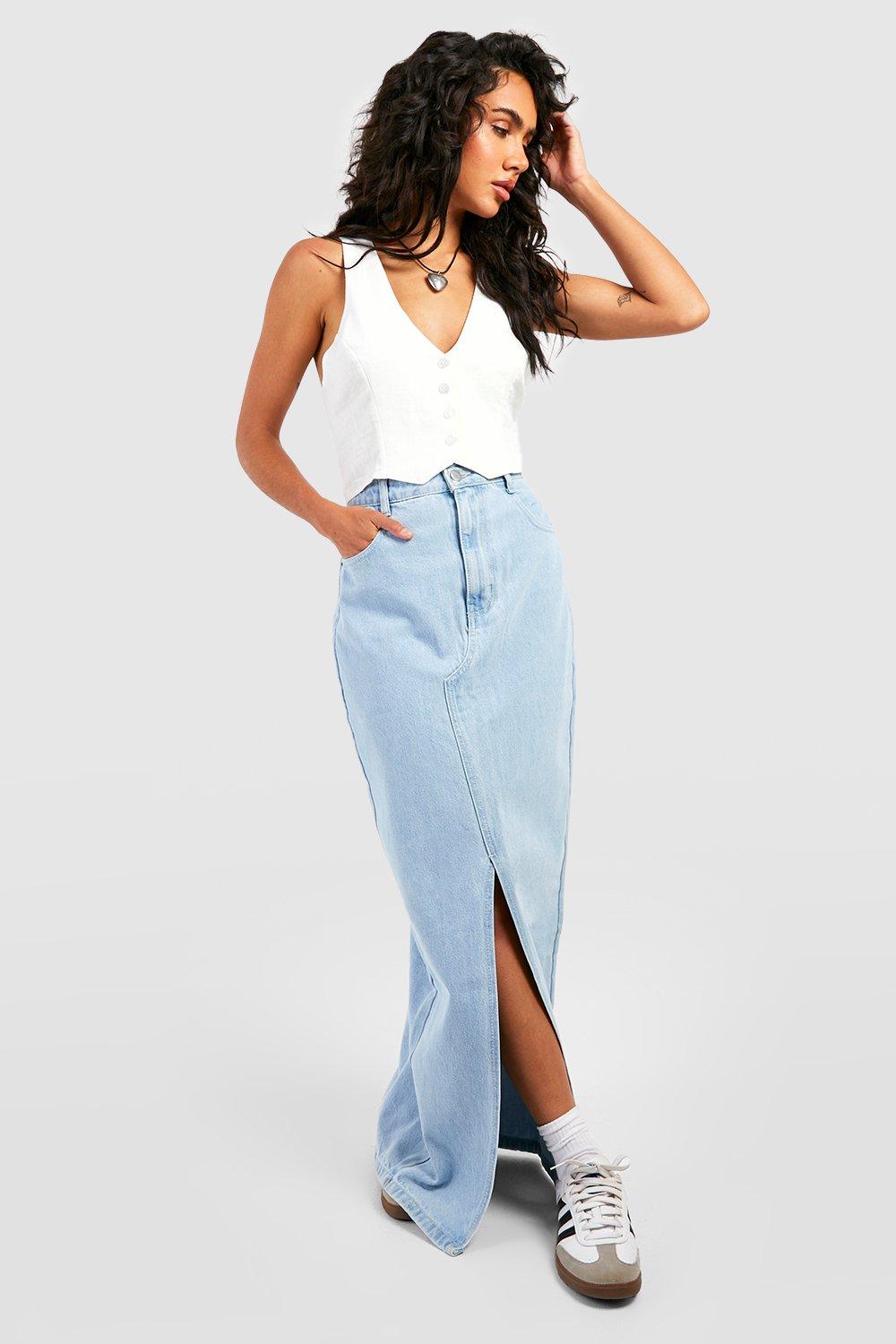 Boohoo Maxi Spijkerrok Met Split, Light Blue