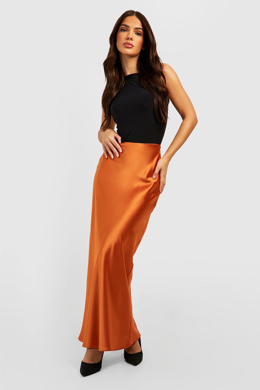 Boohoo Satijnen Bias Maxi Slip Skirt, Burnt Orange