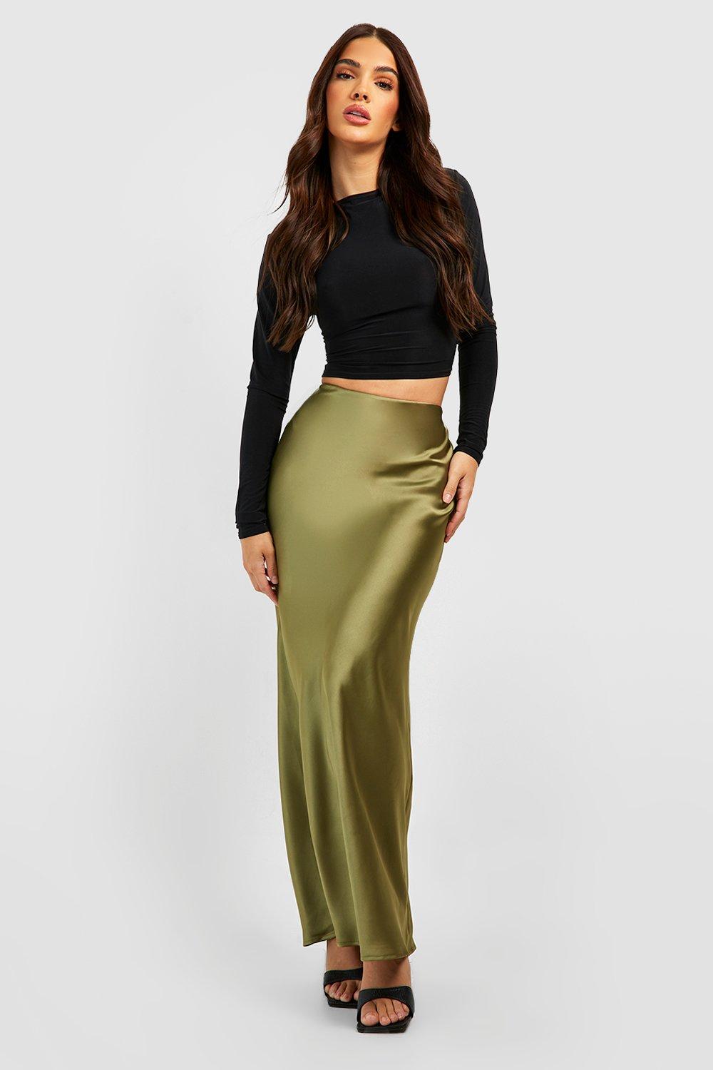 Boohoo Satijnen Bias Maxi Slip Skirt, Olive